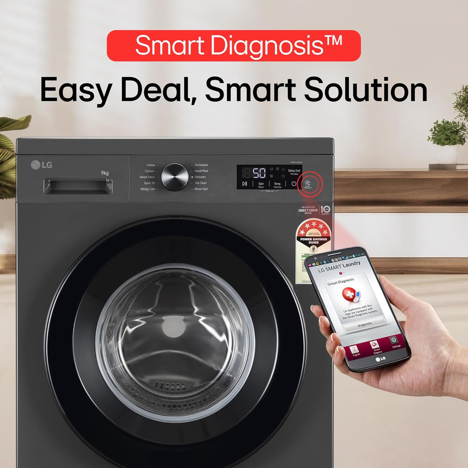 LG 9 Kg- 5 Star- Direct Drive Technology- Steam Wash- 6 Motion DD- Fully-Automatic Front Load Washing Machine (FHB1209Z2M- Allergy Care- In-Built Heater- Touch Panel- Middle Black)
