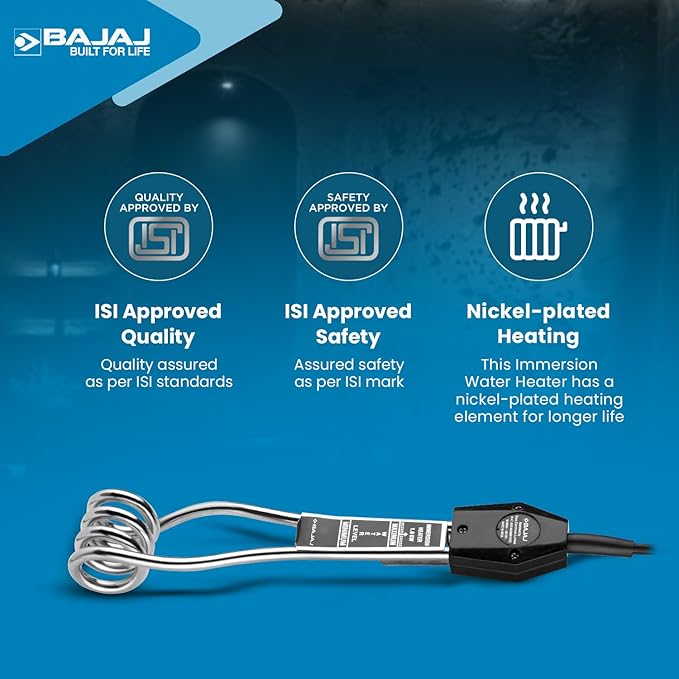 Bajaj Copper 1000 Watts Immersion Rod Heater For Home|Water Heater Rod For Efficient Heating|With Anti-Corrosive Nickel Plating|Isi Approvel Safety&Quality|2-Yr Warranty|Silver