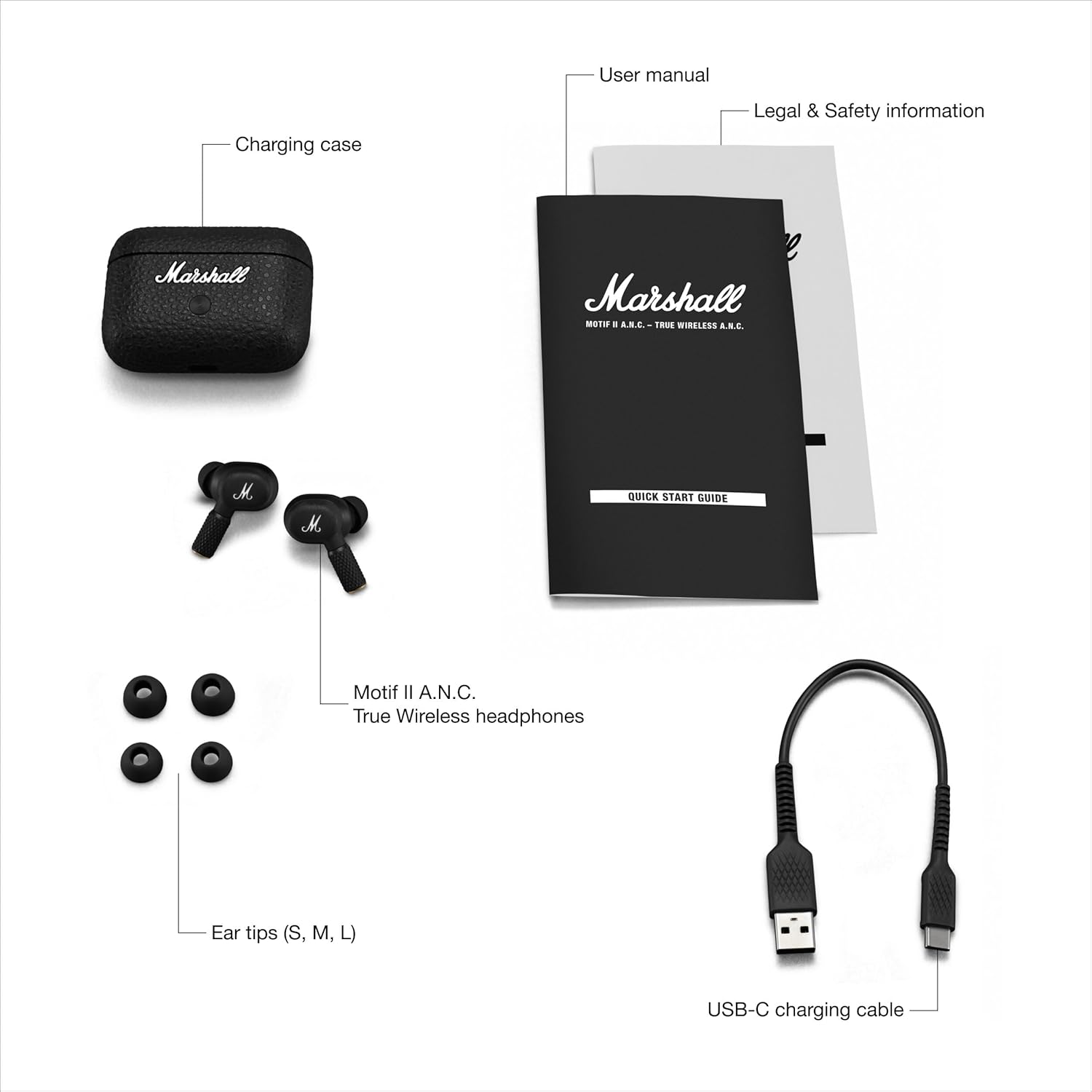 Marshall Motif Ii ANC - True Wireless Active Noise Cancelling Bluetooth in Ear Earbuds with Transparency Mode and 30 Hours of Playtime - Black
