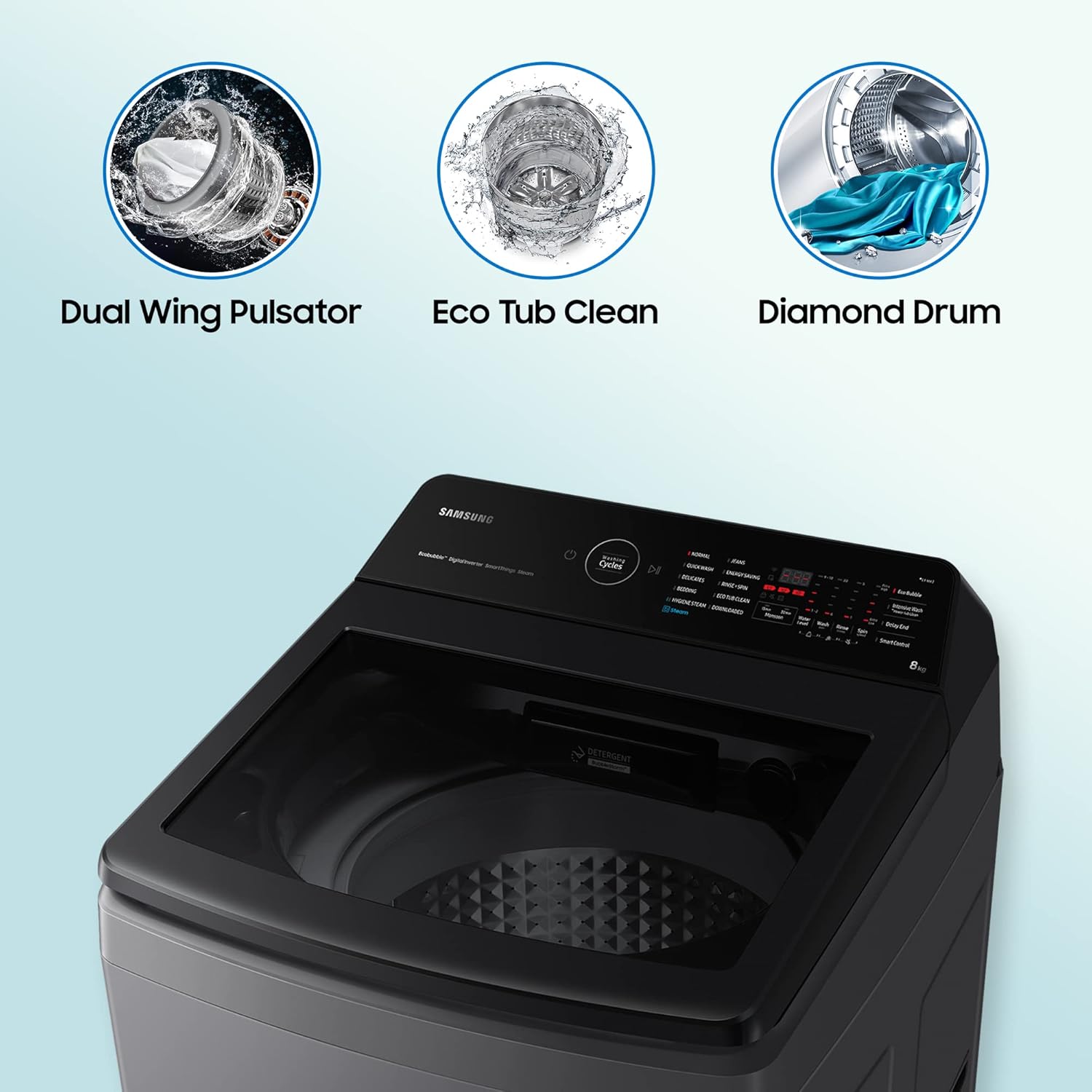 SAMSUNG 8 kg 5 Star Fully Automatic Top Load Washing Machine (WA80BG4582BDTL- In-built Heater- Dark Gray)