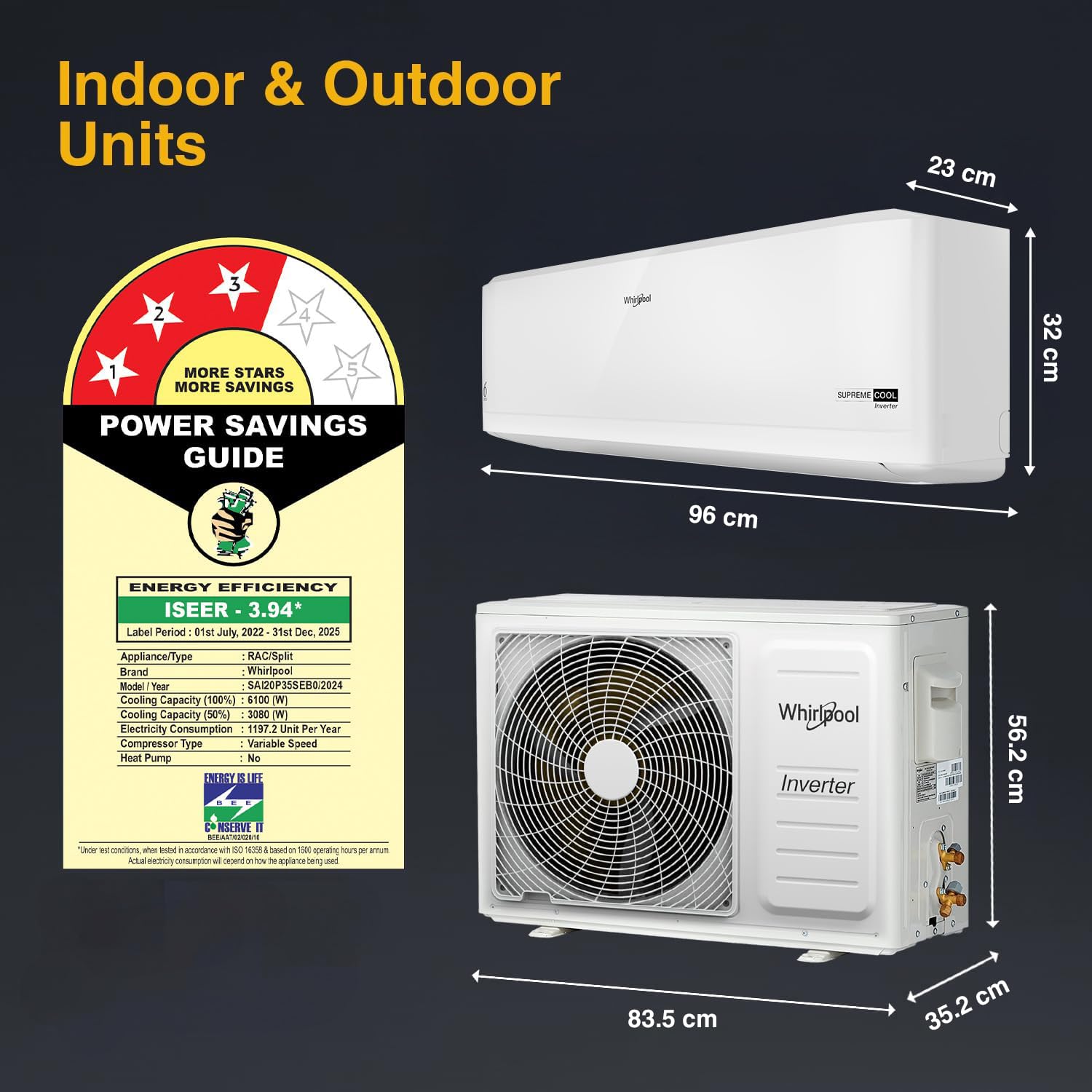 Whirlpool 2.0 Ton 3 Star  Supremecool Inverter Split AC (SUPREMECOOL 20T 3S INV EXP S5N3PB0  Copper  Convertible 4-in-1 Cooling Mode  HD Filter White)