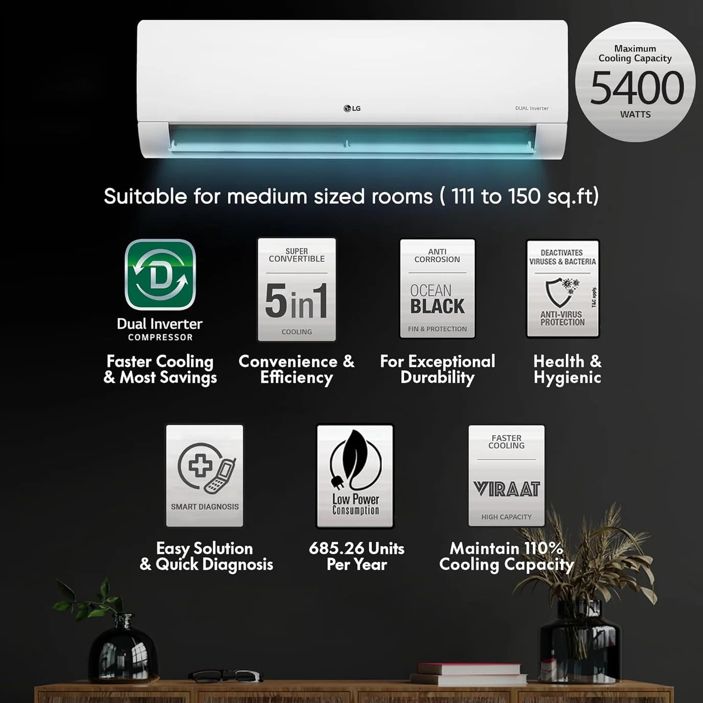 LG 5 Star (1.5) Split AC with Gold Fin+- Viraat Mode- Dual Inverter Compressor- Diet Mode+- 6-in-1 cooling- 2025 Model