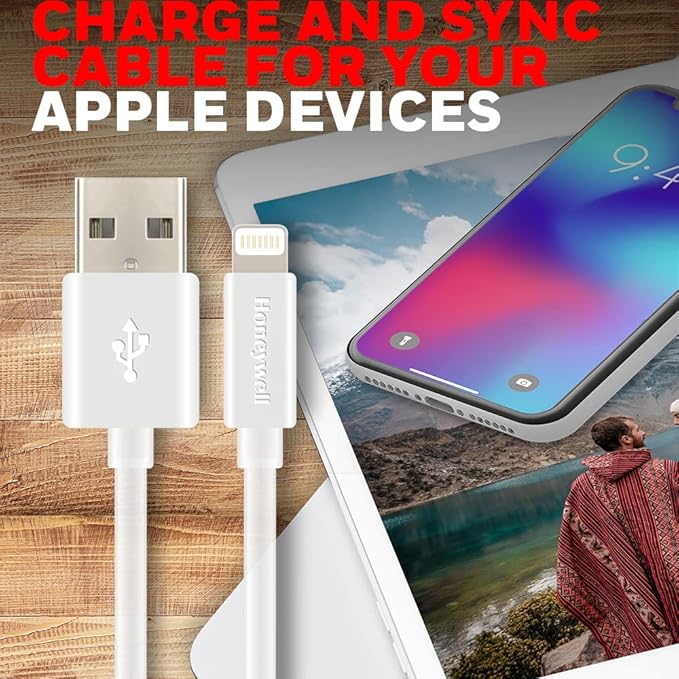 Honeywell USB to Lightning cable  MFI-certified lighting connector  Fast Charging  Non-Braided sync and charge cable for iPhone  iPad  Airpods  iPod  4 Feet (1.2M)- White