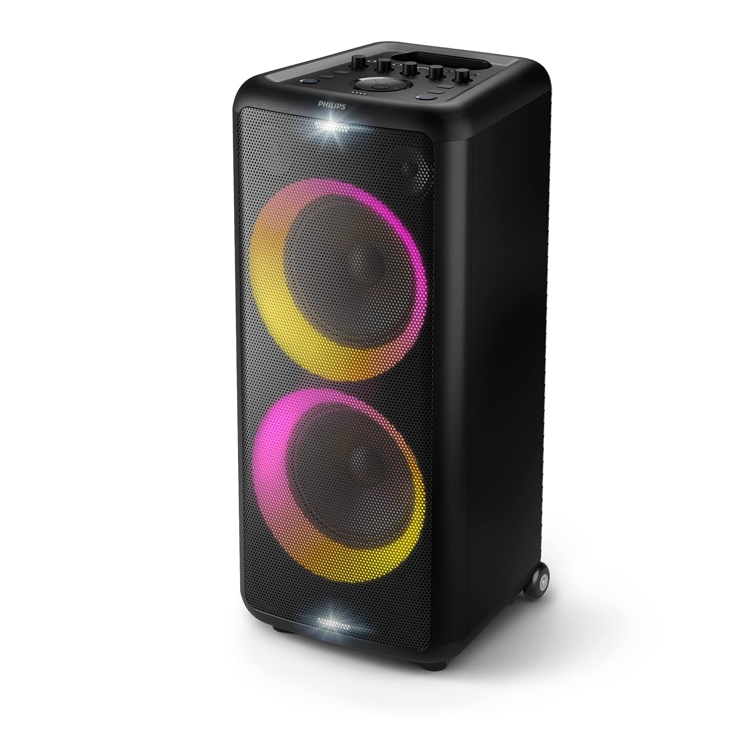 Philips Audio TAX5206 160 W Bluetooth Party Speaker with 14 Hours Play Time- Karaoke Features- Guitar and Mic Input- Party Lights and Trolley Design with Wheels - Black