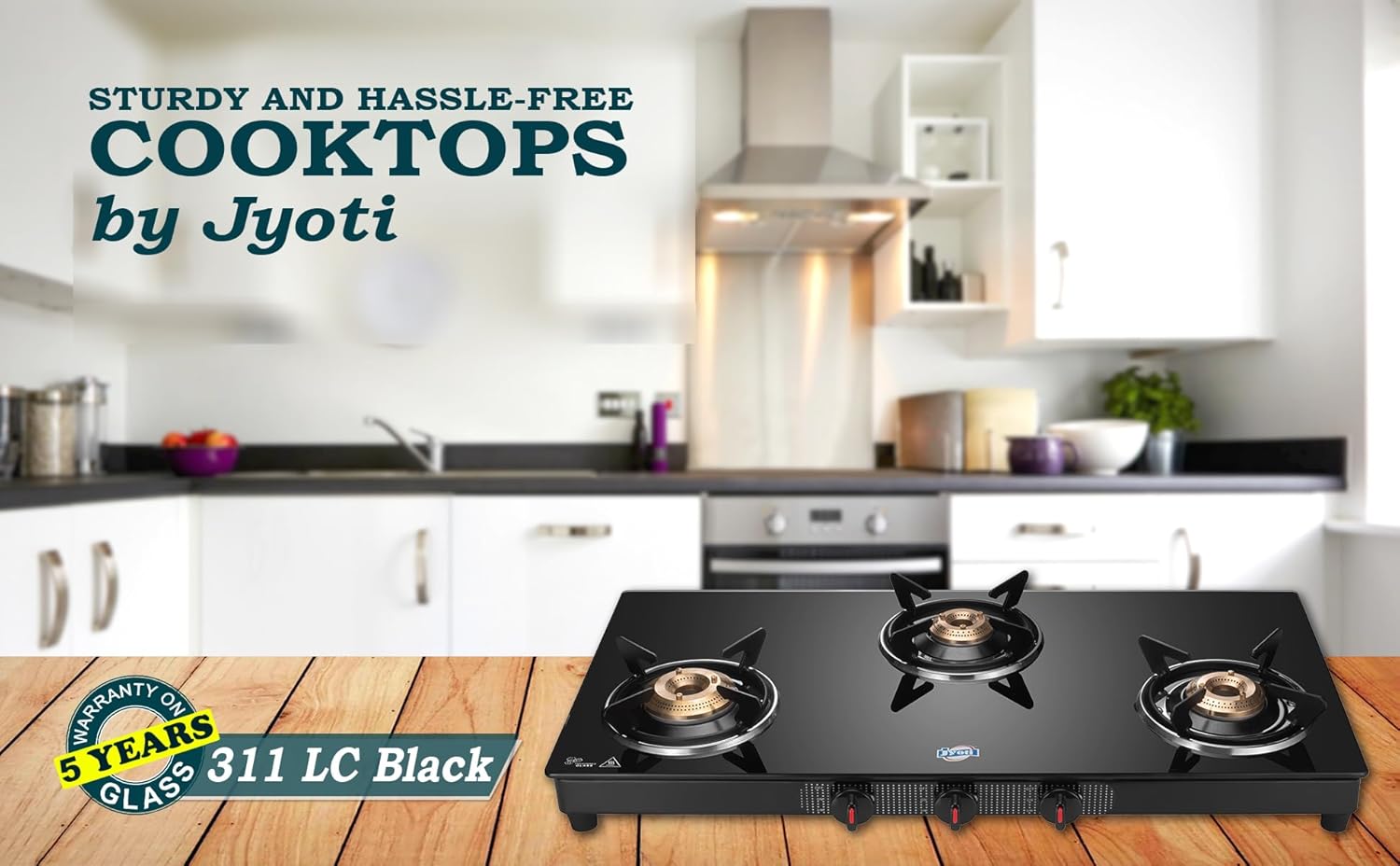 Jyoti 311 Black LC | 3 Burner Glass Gas Stove with Lift to Clean Stand | Toughened Glass Cooktop with 5 year Manufacturer's Warranty on Glass | Brass Burners | Sleek Black Body
