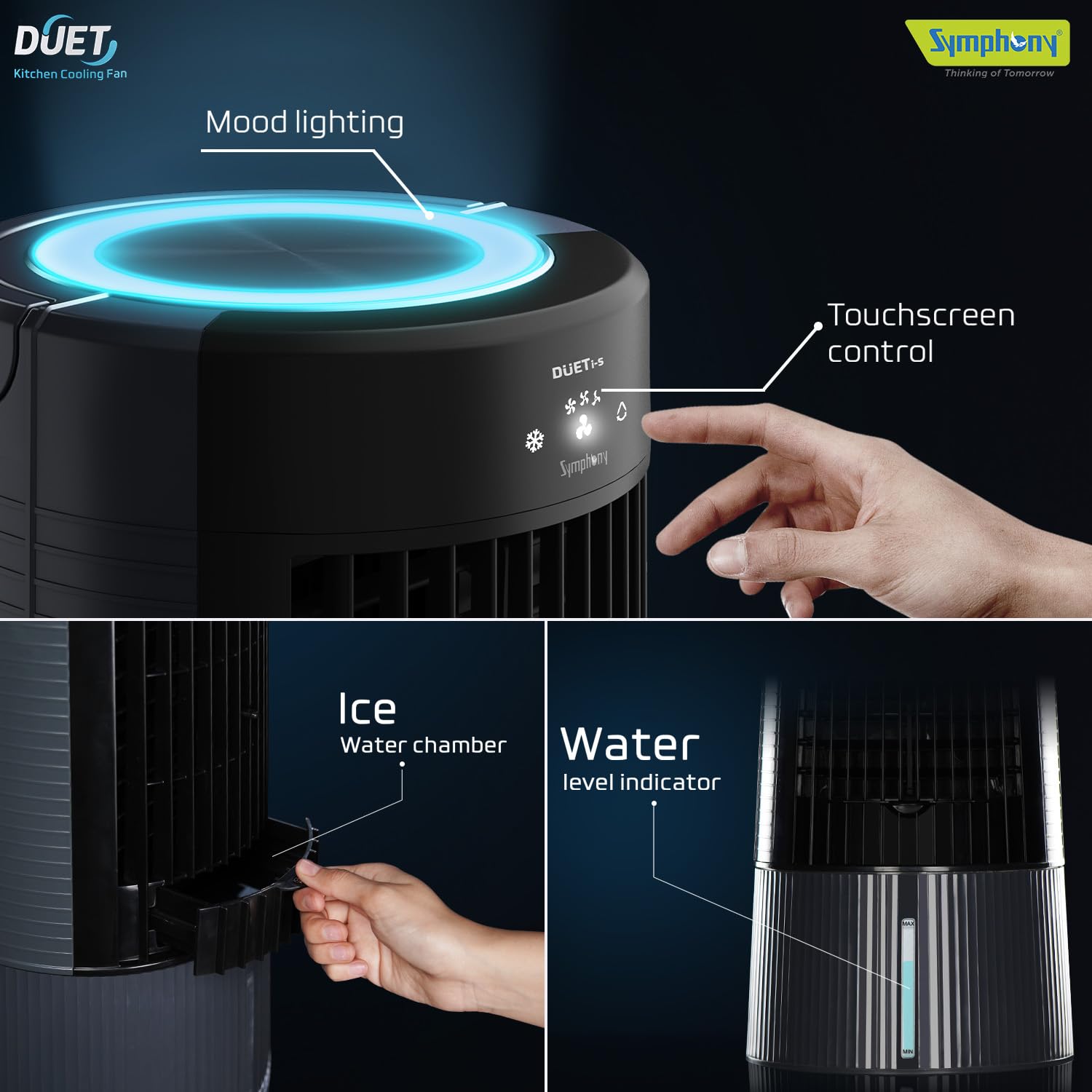 Symphony Duet-i Personal Kitchen Cooling Fan For Home and Office Tabletop with Honeycomb Pad- Powerful Blower- Auto Rotation and Low Power Consumption (6L- Grey)