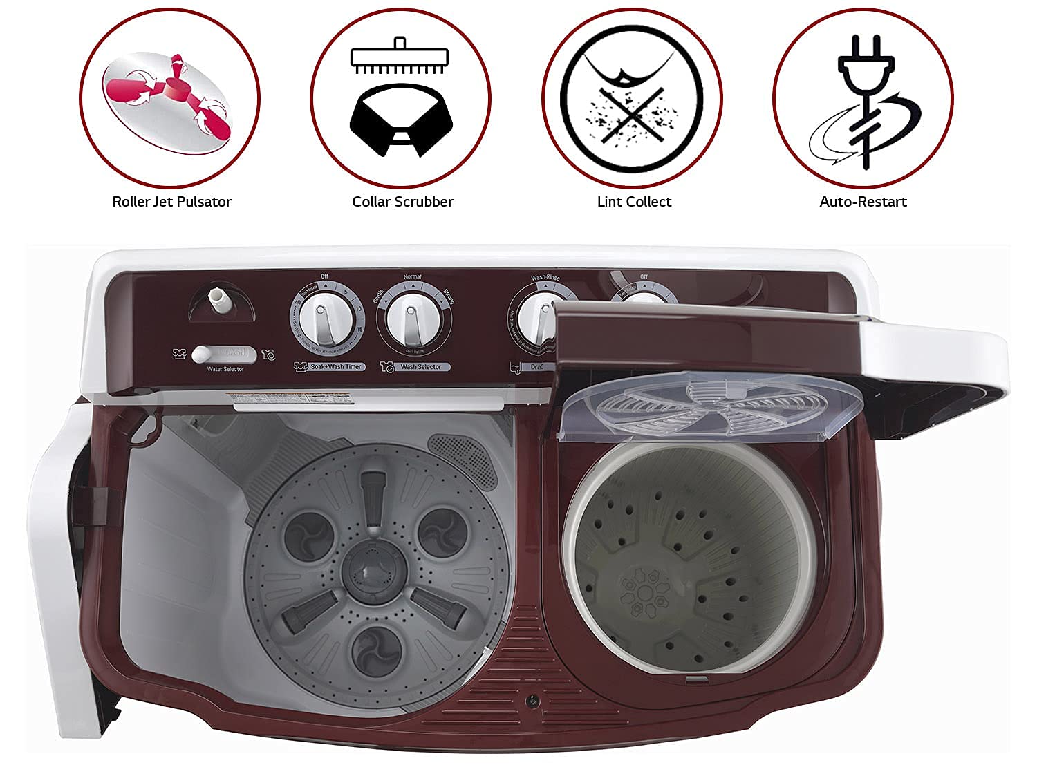 LG 8 kg 5 Star with Roller Jet Pulsator with Soak- Wind Jet Dry and Rat Away- 6 Kg (Spin Tub Capacity) Semi Automatic Top Load Washing Machine Maroon- White  (P8035SRAZ)