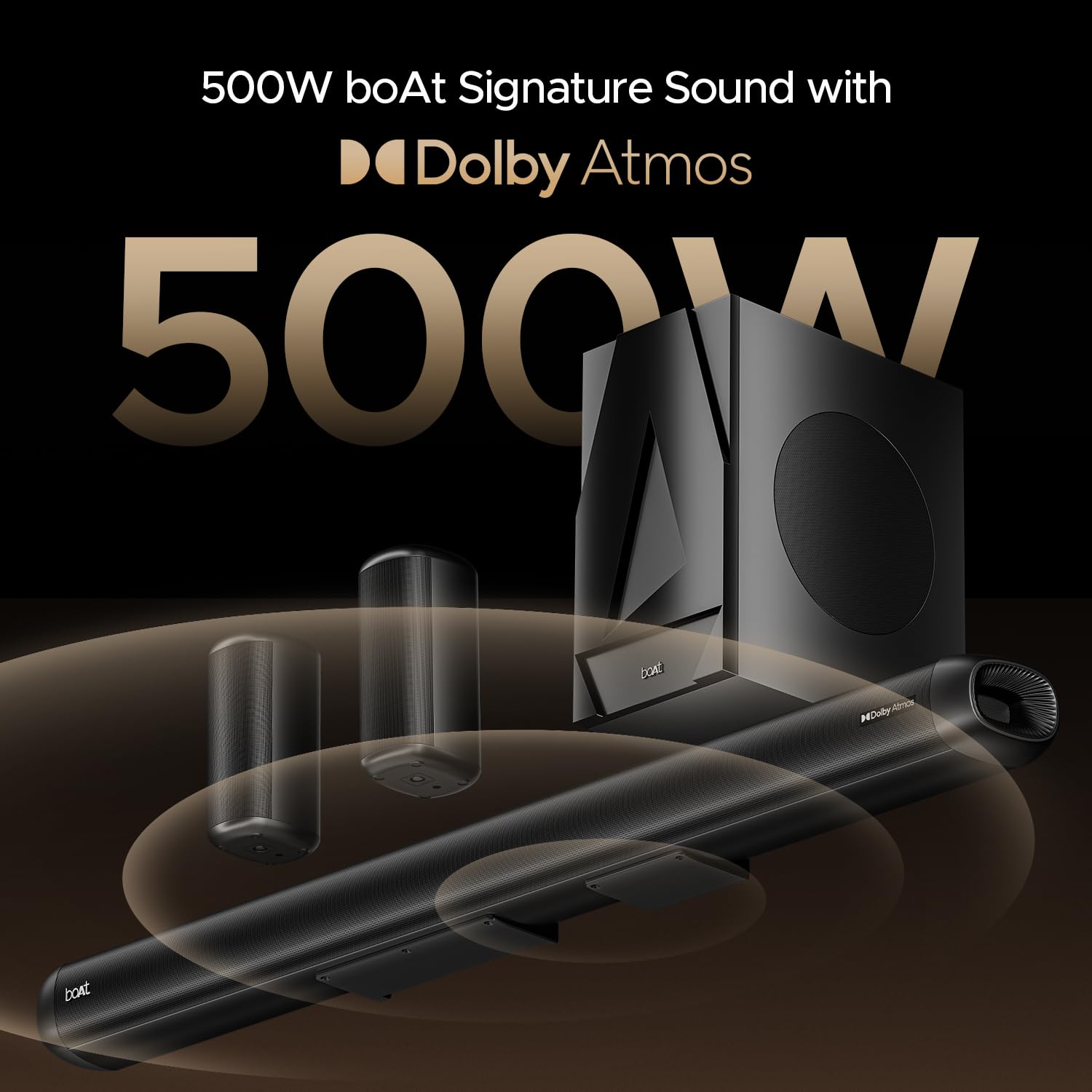 boAt Aavante Bar 5500DA 500W Bluetooth Soundbar w/Dolby Atmos & Cinematic Sound,5.1.2 Channel,8 Drivers for Surround Sound Effect,Multi- Compatibility, Remote Control(Premium Black)