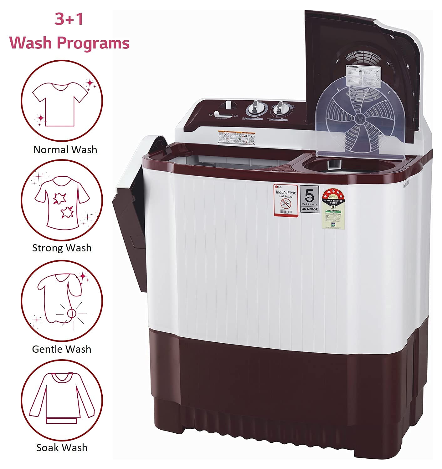 LG 8 kg 5 Star with Roller Jet Pulsator with Soak- Wind Jet Dry and Rat Away- 6 Kg (Spin Tub Capacity) Semi Automatic Top Load Washing Machine Maroon- White  (P8035SRAZ)