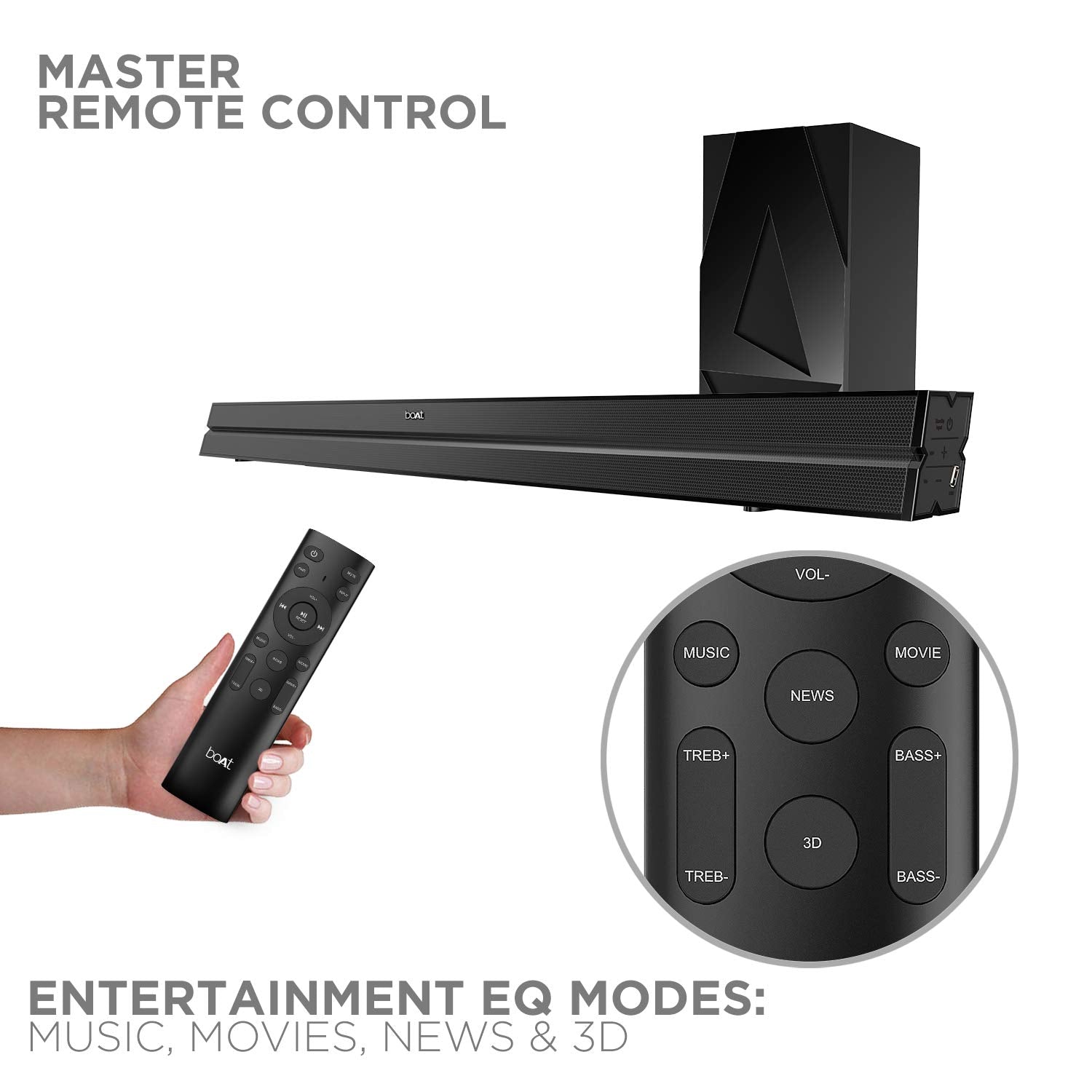 boAt AAVANTE Bar 2050 160W 2.1 Channel Bluetooth Soundbar Signature Sound, Wireless Subwoofer, Multiple Connectivity Modes, Entertainment Modes(Premium Black)