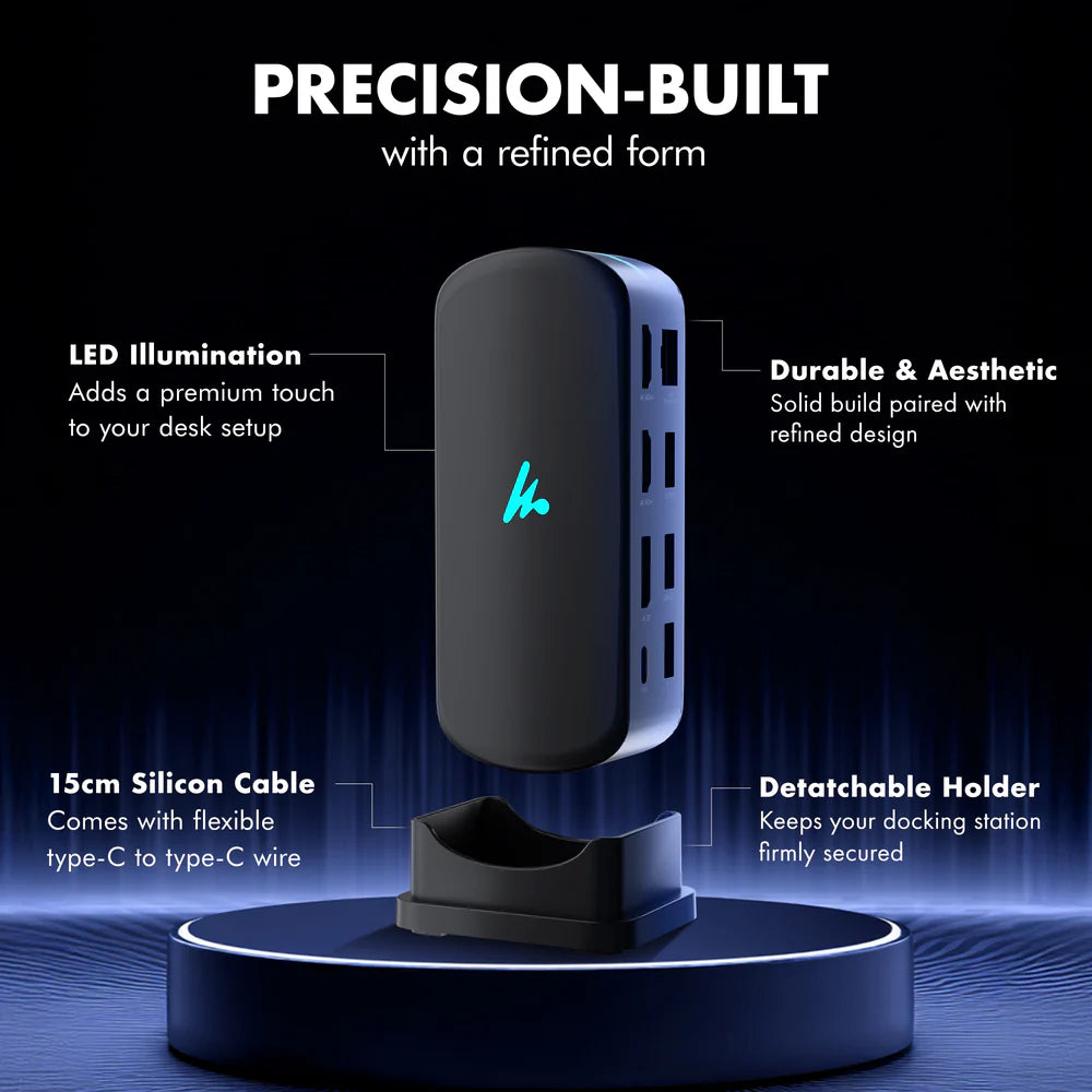WOZOYO 14-in-1 USB Type-C Docking Station showcasing design features and ports with LED illumination and detachable holder.