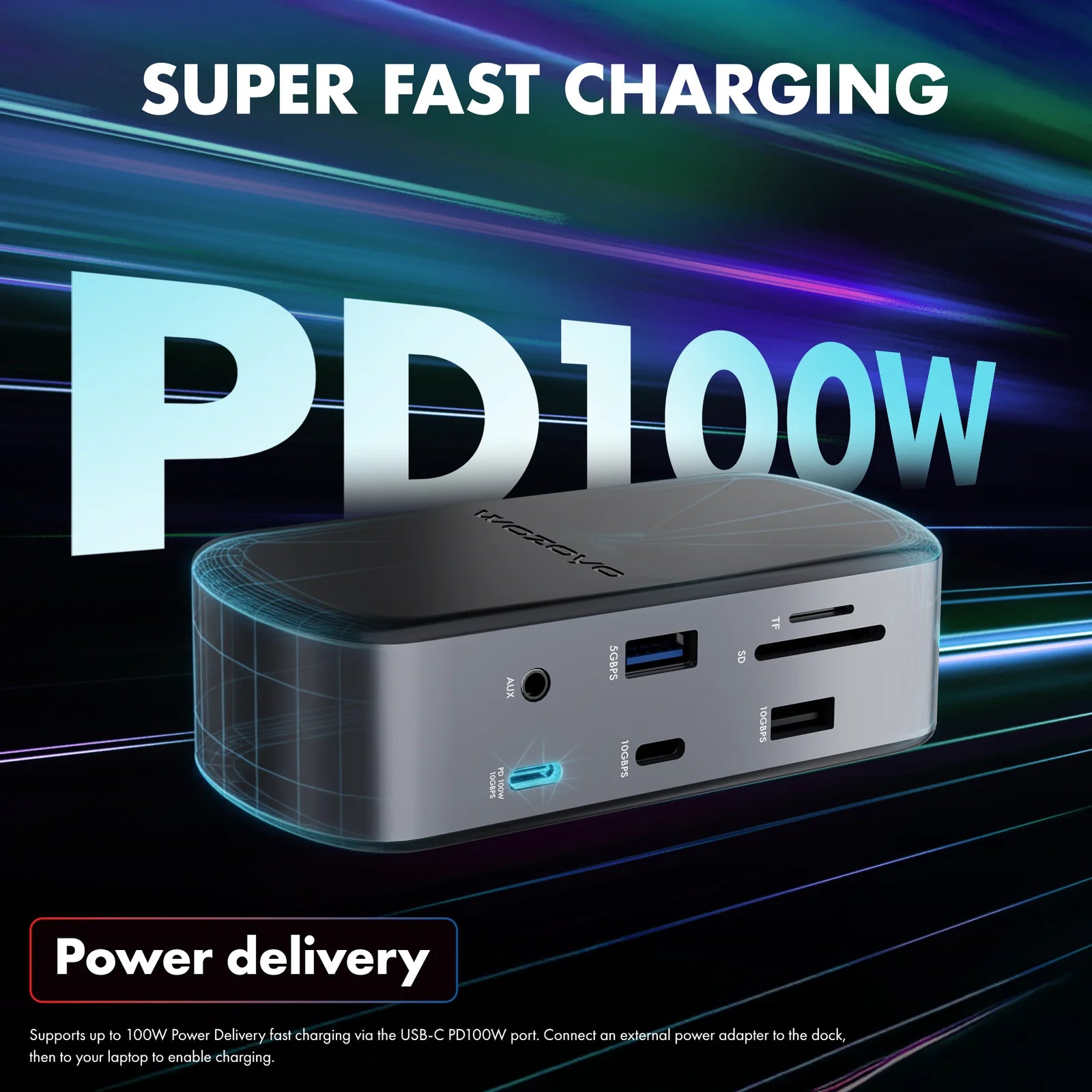 WOZOYO 14-in-1 USB Type-C Docking Station showcasing super fast charging and power delivery features.