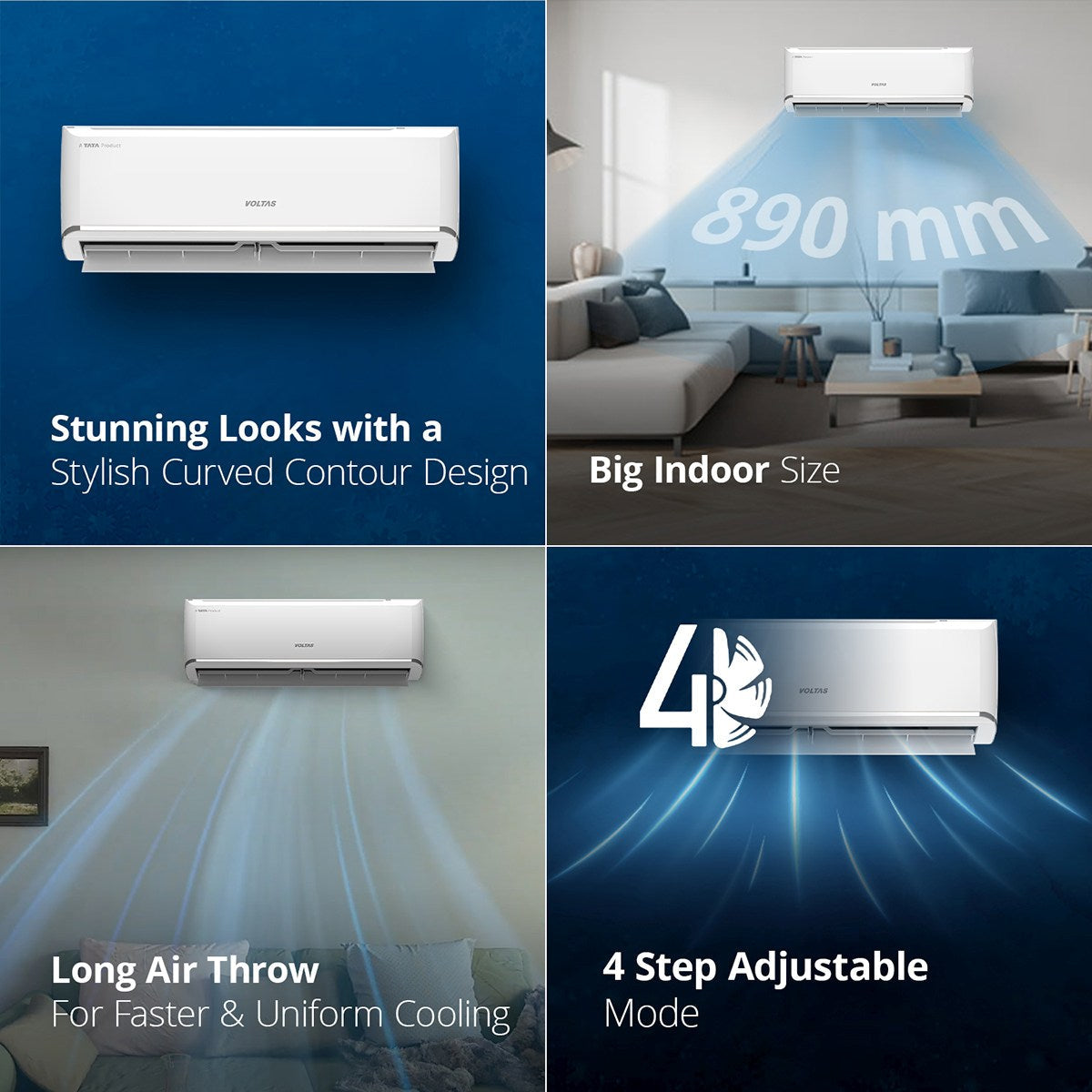 Voltas 1.5 Ton 3 Star Inverter Split AC – 183V Vectra Zen Silver (2024 Model- Copper- 4-in-1 Adjustable Mode- Anti-Dust Filter- White)