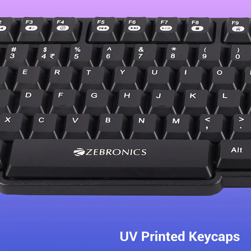Zebronics Companion 115 Keyboard Combo featuring UV printed keycaps for enhanced durability and clarity.