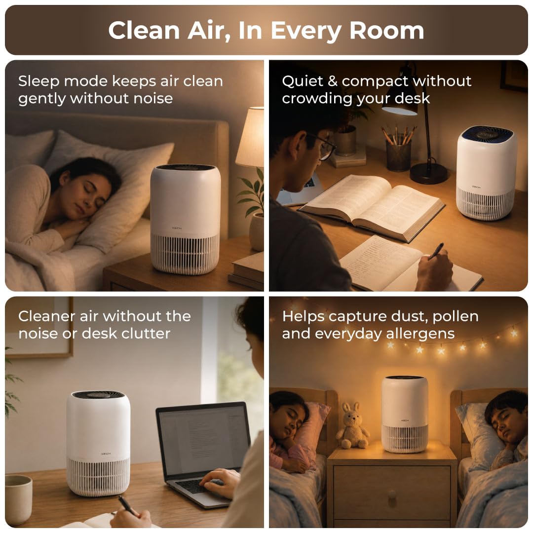 XECH Atmos H13 HEPA Air Purifier providing clean air in various room settings, including bedrooms and study areas.