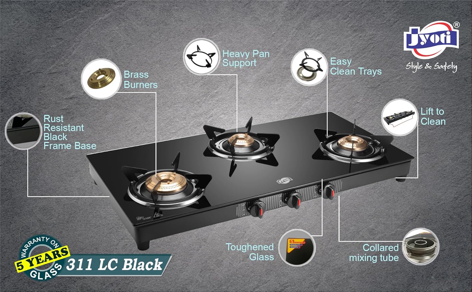 Jyoti 311 Black LC | 3 Burner Glass Gas Stove with Lift to Clean Stand | Toughened Glass Cooktop with 5 year Manufacturer's Warranty on Glass | Brass Burners | Sleek Black Body