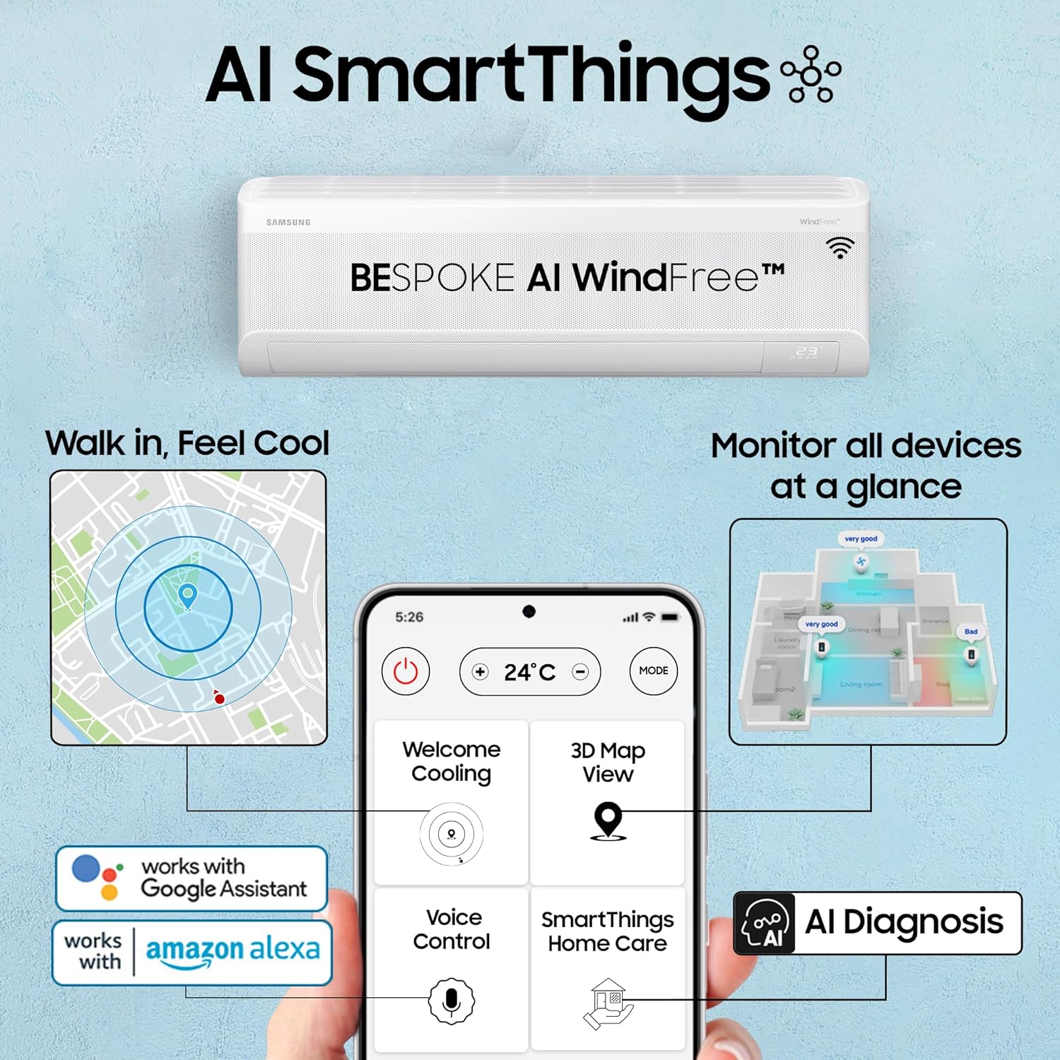Samsung 1.5 Ton 3 Star Windfree AI Inverter Smart Split AC (WiFi- Energy Saving- Voice Control- Powerful Cooling- Copper- Digital Inverter- 4 Way swing- Convertible- BESPOKE AI AR60F19D1XWNNA)