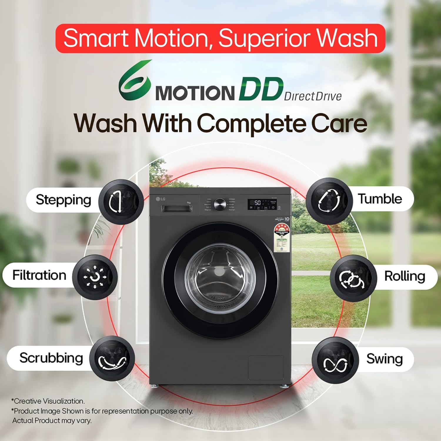 LG 9 Kg- 5 Star- Direct Drive Technology- Steam Wash- 6 Motion DD- Fully-Automatic Front Load Washing Machine (FHB1209Z2M- Allergy Care- In-Built Heater- Touch Panel- Middle Black)