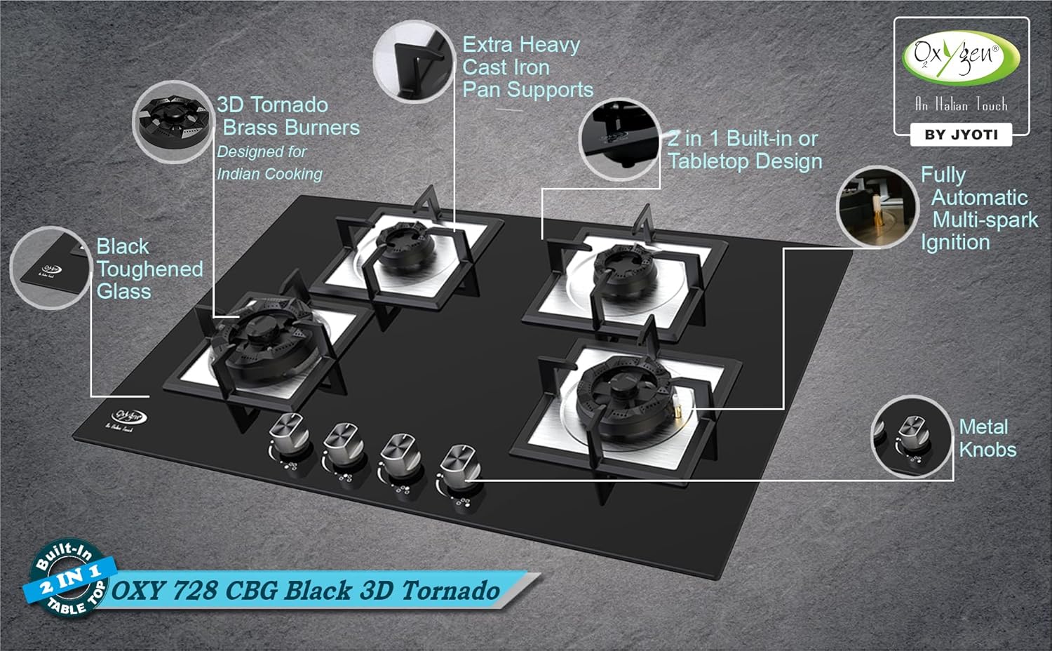 Oxygen by Jyoti - Oxy 728 CBG Black | Brass Burners Suitable for Indian Cooking | Automatic Multi-spark Ignition | 2-in-1 Built-in or Tabletop | Toughened Glass