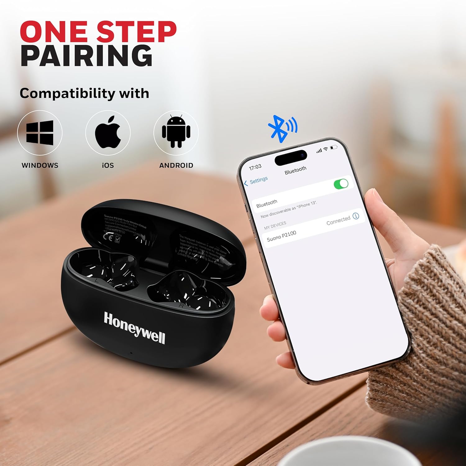 Honeywell Suono P2100 Bluetooth TWS Earbuds with 50H of Playtime  ENC Mode  4xMics  Type C Fast Charging  Low Latency Mode for Gaming  Bluetooth V5.3  13mm*2 Drivers  Voice Assistant 2 Years Warranty