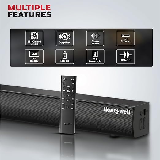 Honeywell New Launch Suono P3000 Soundbar with 80W Stereo Sound  2.0Ch  Deep Bass  3 EQ Mode  BT v5.3+EDR Dual 58 * 90mm Drivers  Input Mode - AUX  USB  HDMI/ARC  Sleek Remote