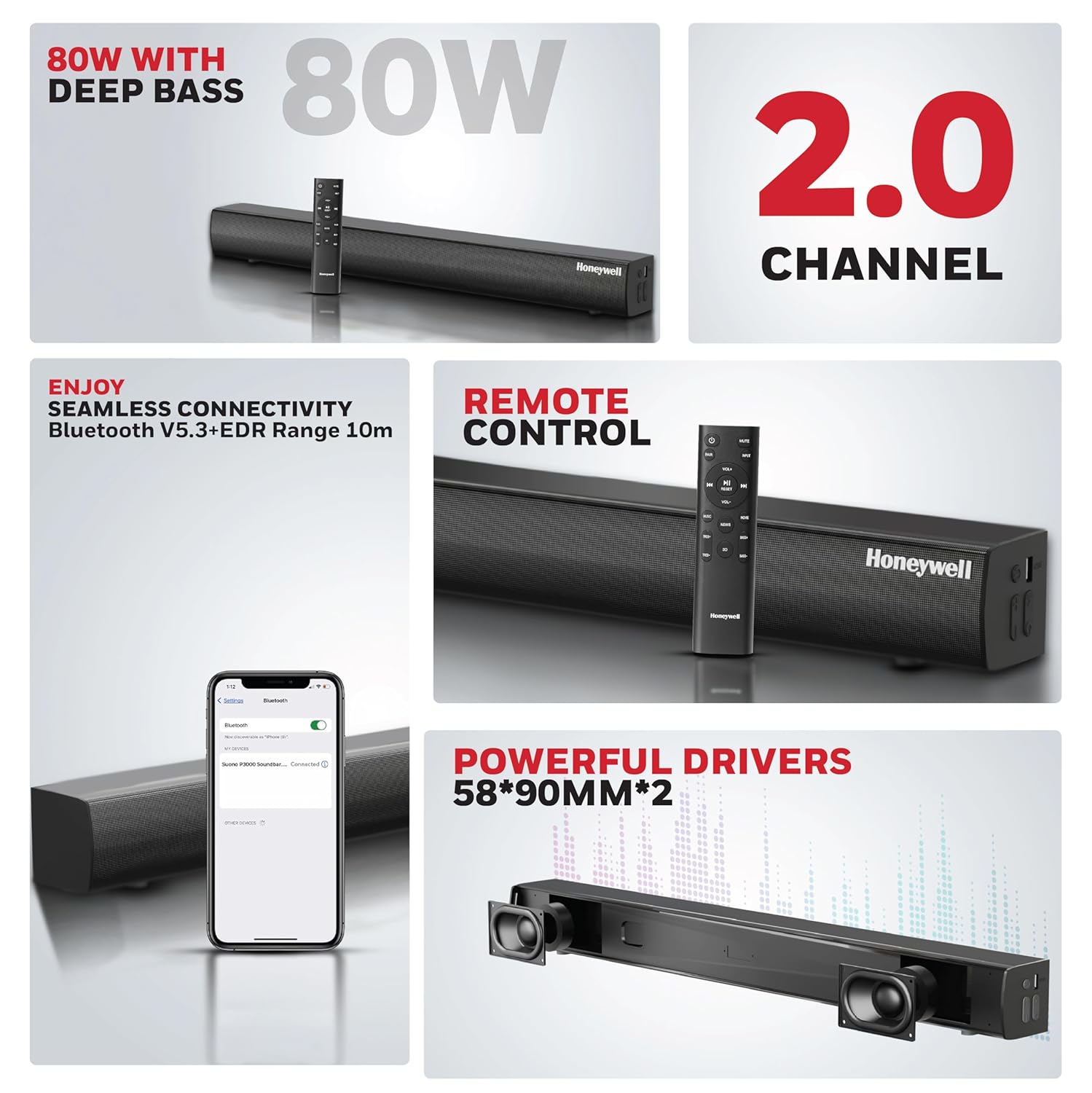 Honeywell New Launch Suono P3000 Soundbar with 80W Stereo Sound  2.0Ch  Deep Bass  3 EQ Mode  BT v5.3+EDR Dual 58 * 90mm Drivers  Input Mode - AUX  USB  HDMI/ARC  Sleek Remote