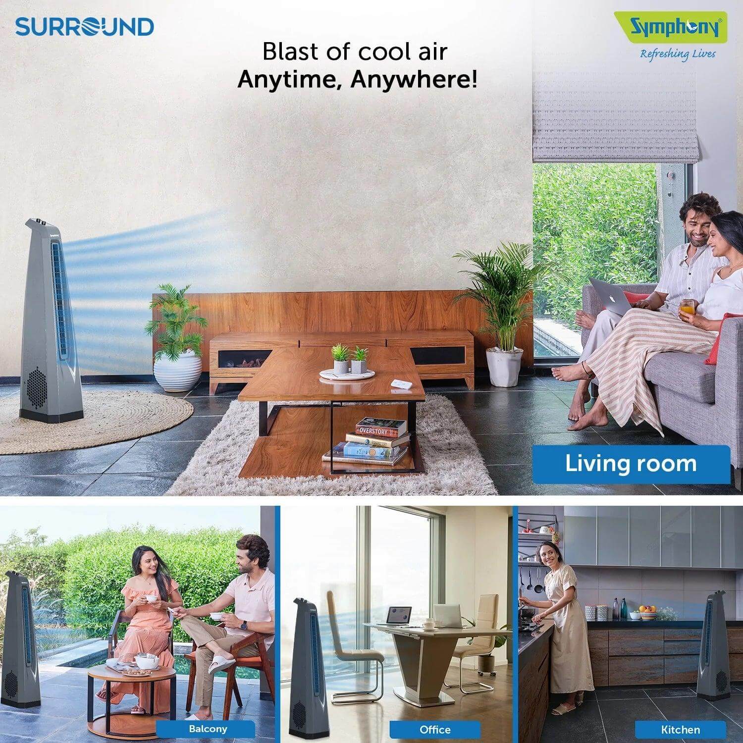 Symphony Surround High Speed Bladeless Technology Tower Fan for Home With Swivel Action- Dust Filter- and Low Power Consumption