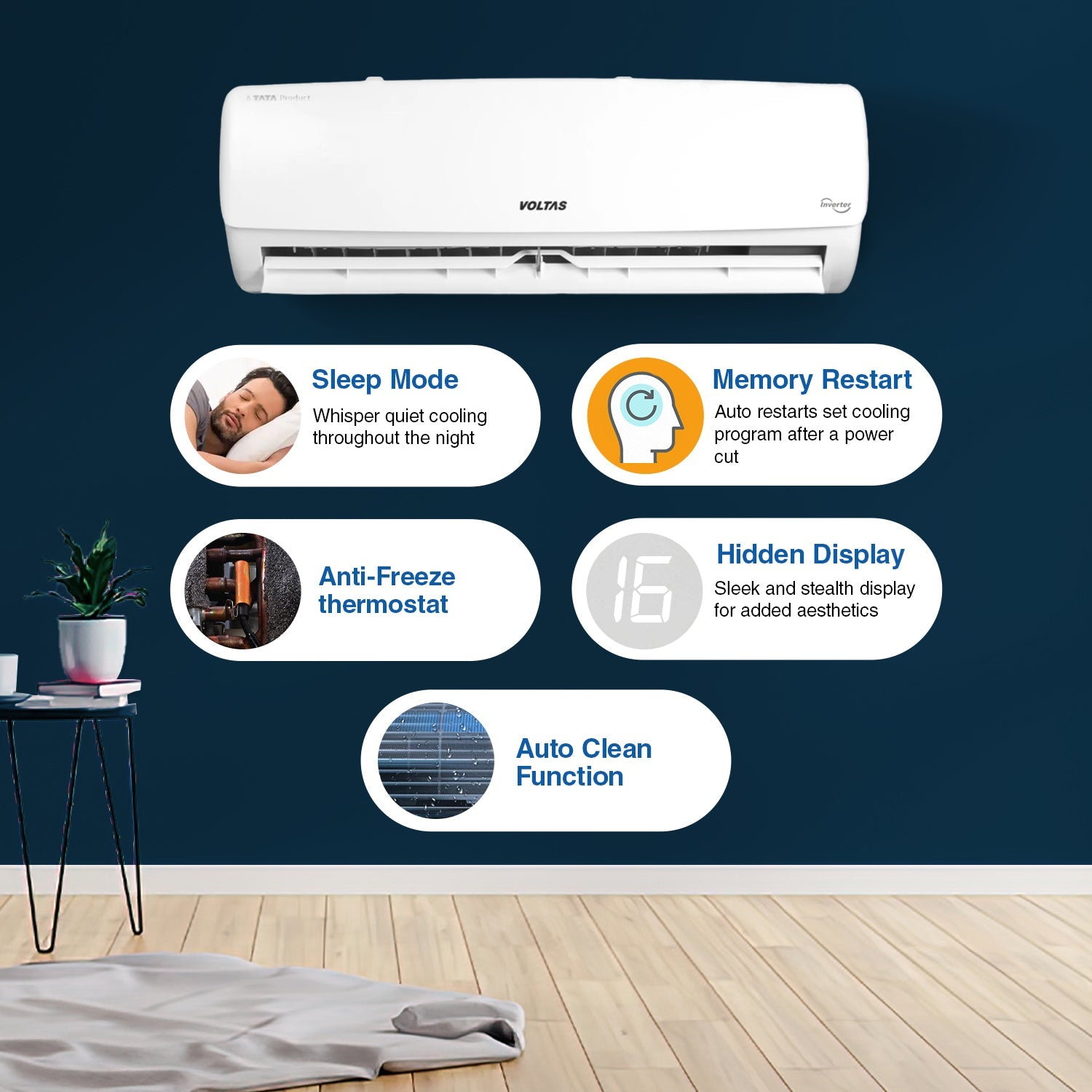 Voltas 1 Ton 3 Star Inverter Split AC (Copper- 4-in-1 Adjustable Mode- Anti-Dust Filter- 2023 Model- 123V Vectra Elegant- White)