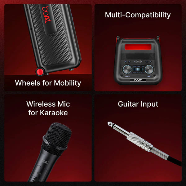 boAt New Launch PartyPal 600 Party Speaker- 220W Signature Sound- Dynamic Pixels- Animated Text Display- App Support- UHF Wireless Microphone- Colorful LEDs-7hrs Battery & Guitar Input(Premium Black)