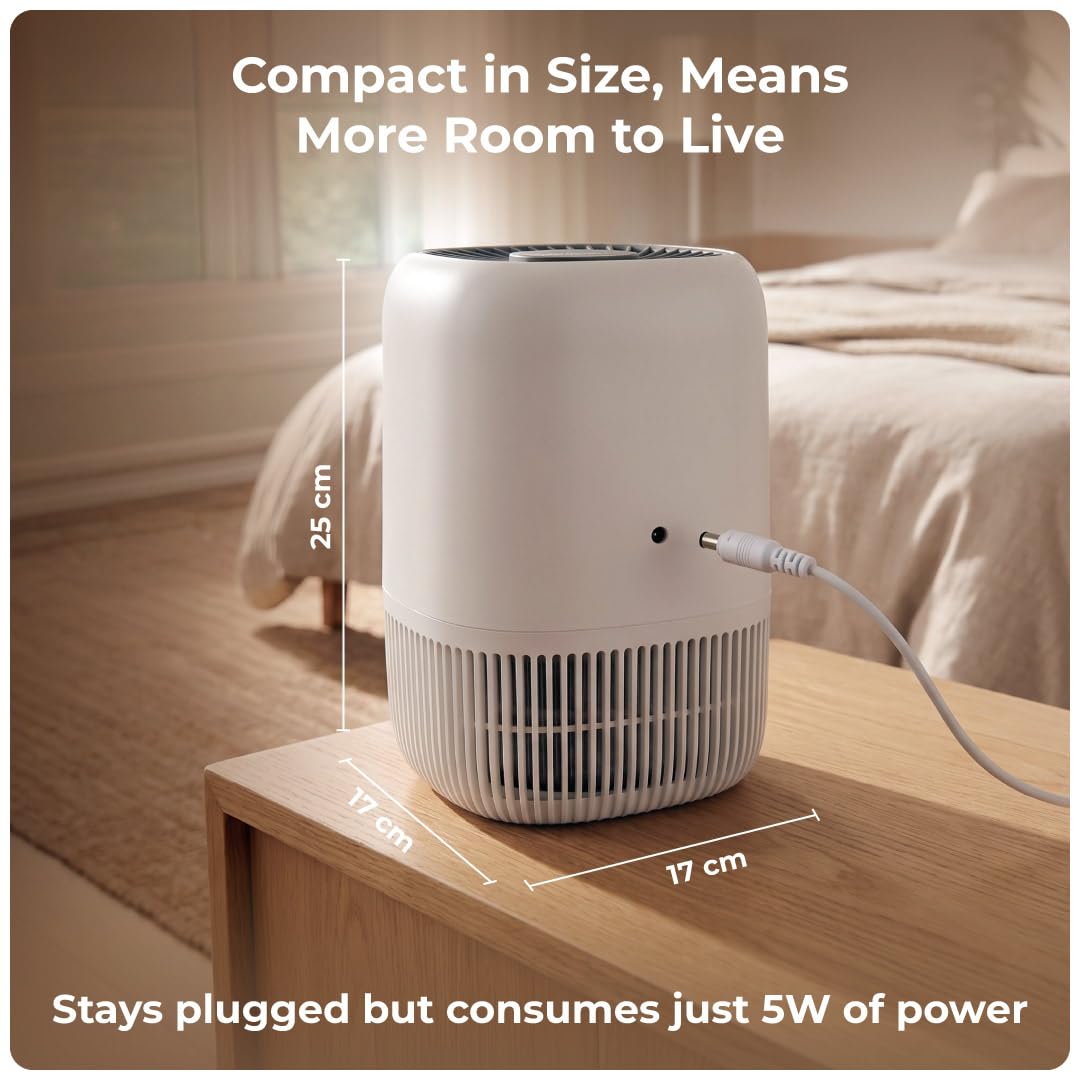 XECH Atmos H13 HEPA Air Purifier on a bedside table showcasing compact design and power consumption.
