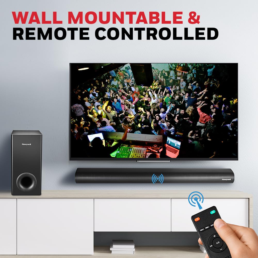 Honeywell Trueno U3000 Soundbar 200w, 2.1Ch Surround Sound Home Theatre, Deep Bass Down Firing Subwoofer, 3 EQ Modes, BT v5.3, AUX, USB, Optical Input, HDMI/ARC, Sleek Remote (Black)