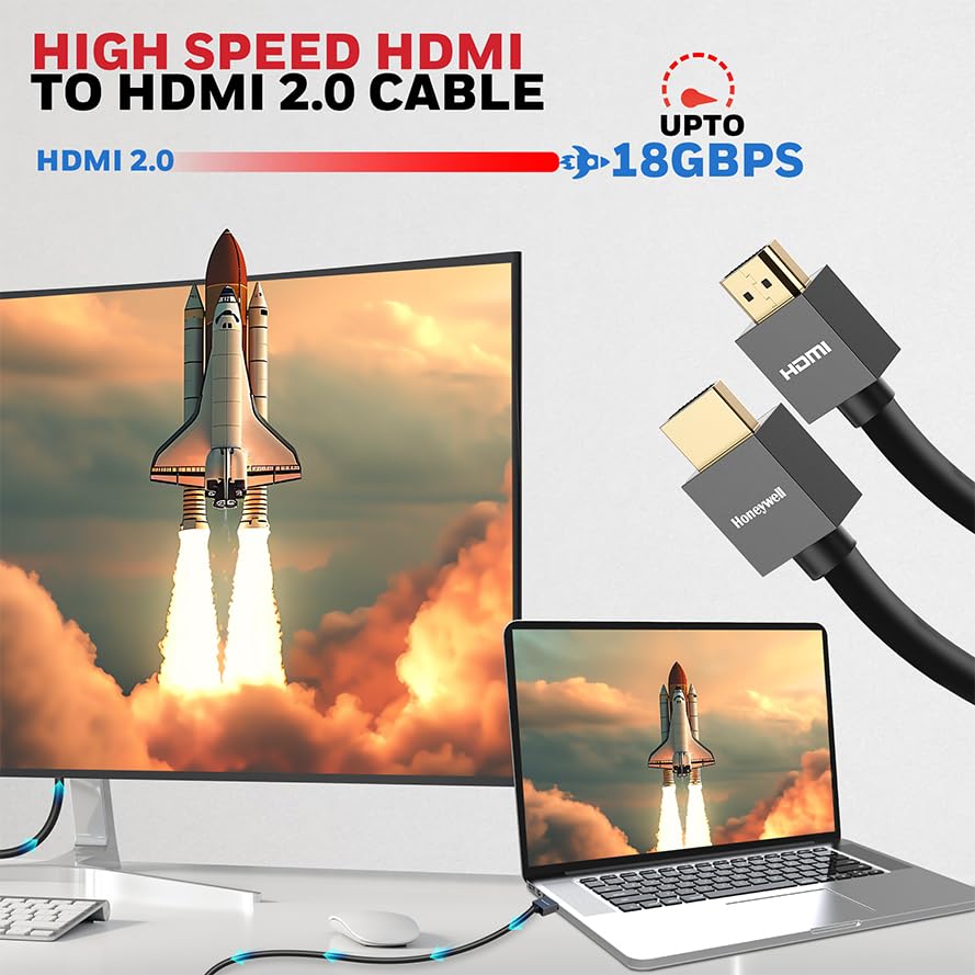 Honeywell HDMI Cable v2.0 with Ethernet, 3D/4K@60Hz Ultra HD Resolution, 18 GBPS Transmission Speed, High-Speed, Compatible with all HDMI Devices Laptop Desktop TV Set-top Box Gaming Console (Black)