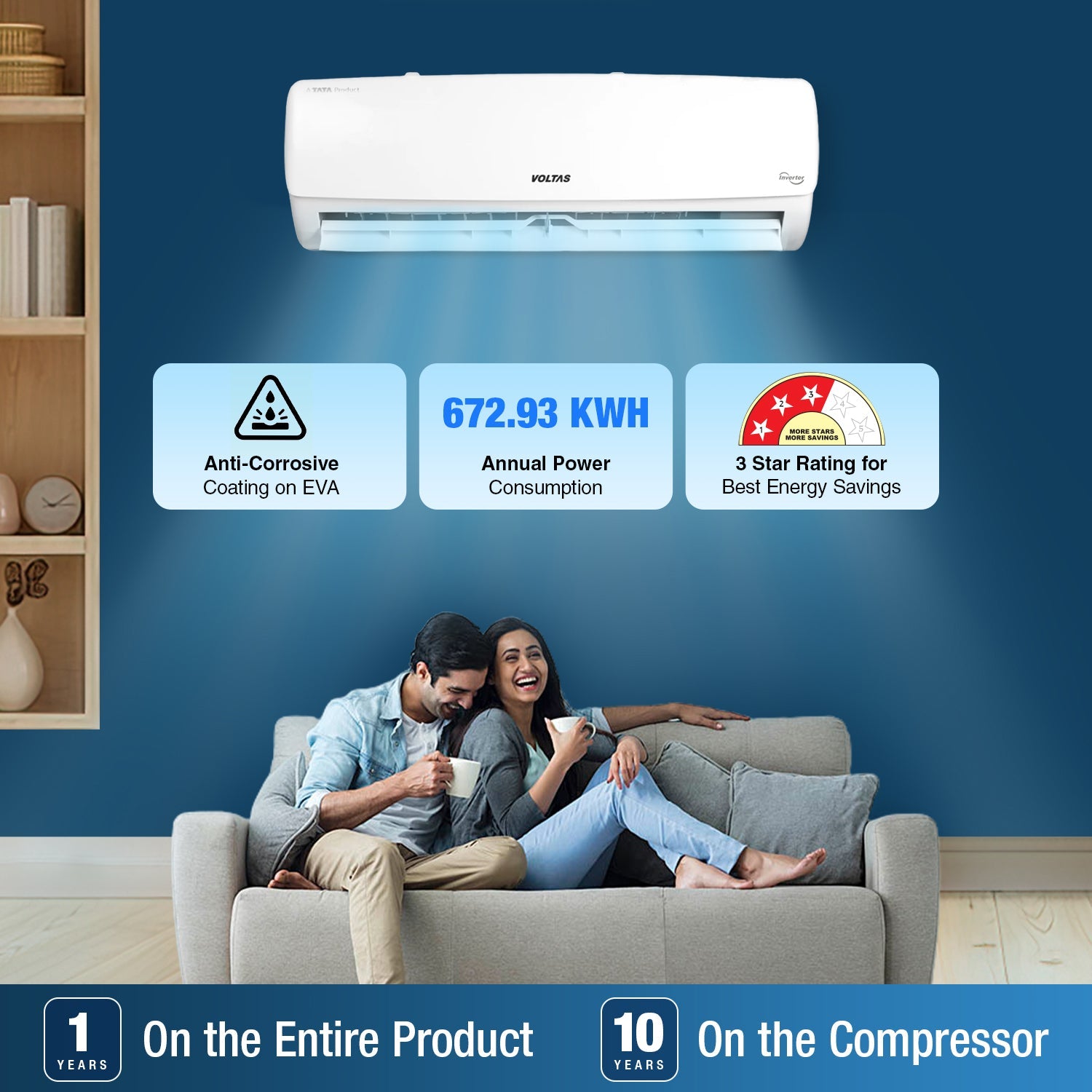 Voltas 1 Ton 3 Star Inverter Split AC (Copper- 4-in-1 Adjustable Mode- Anti-Dust Filter- 2023 Model- 123V Vectra Elegant- White)