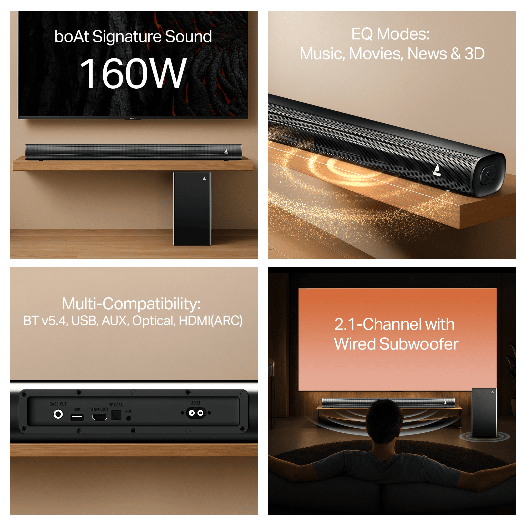 boAt Aavante Aura Plus soundbar showcasing 160W output, EQ modes, multi-compatibility, and 2.1-channel with wired subwoofer.