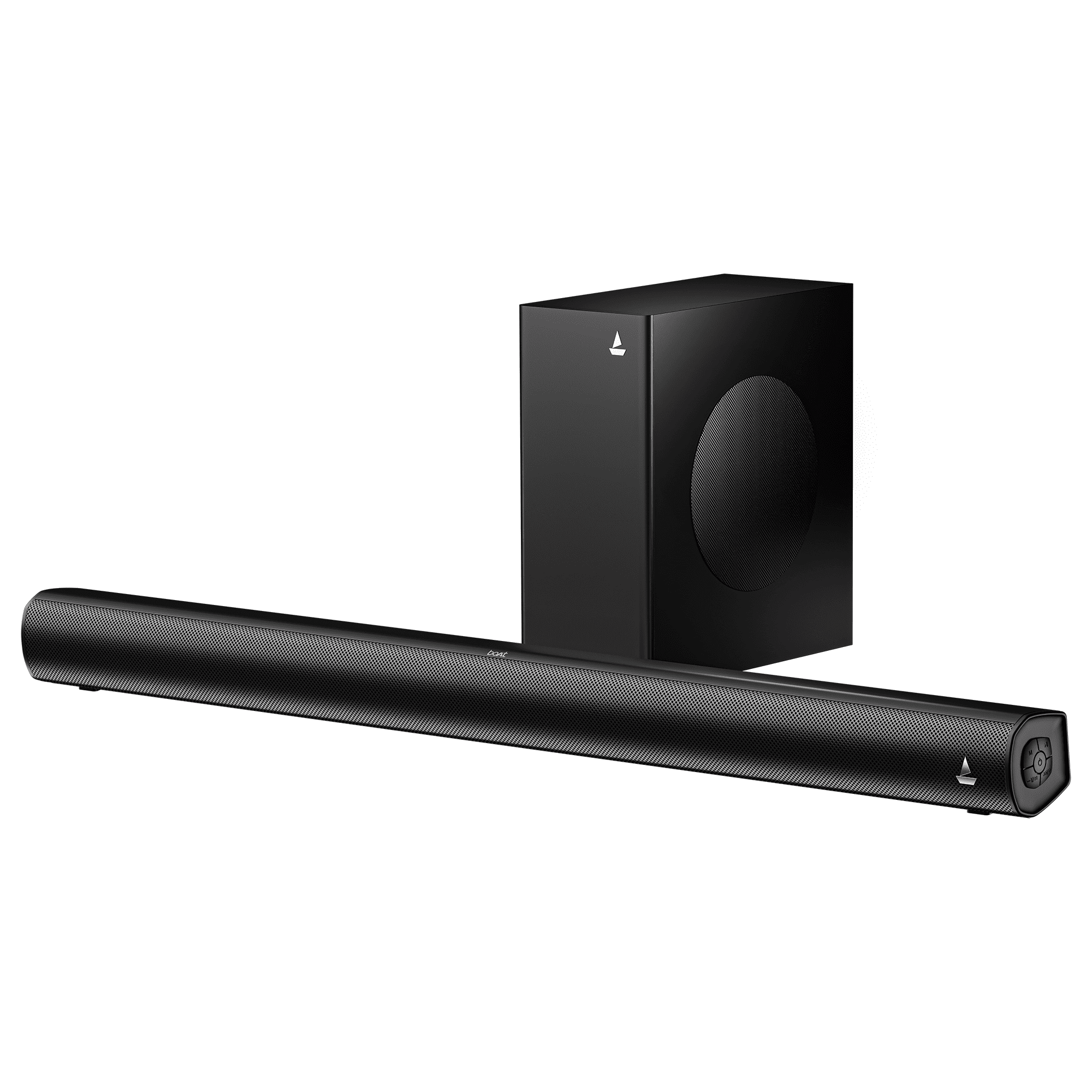boAt Aavante Aura Plus soundbar with dedicated subwoofer on display.