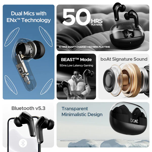 boAt Airdopes 311 Pro- 50HRS Battery- Fast Charge- Dual Mics ENx Tech- Transparent LID- Low Latency- IPX4- IWP Tech- v5.3 Bluetooth Earbuds- TWS Ear Buds Wireless Earphones with mic