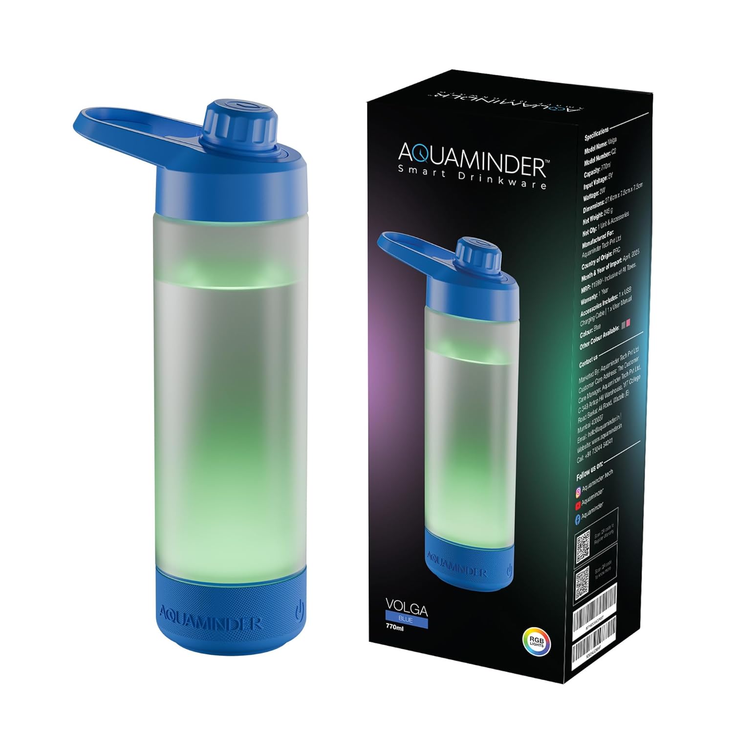 Aquaminder Smart Water Bottle Glows & Beeps to Remind You to Drink More 770 ml Chug Cap Bottle For Adults and Kids Perfect For Gift, Travel, Gym, Yoga, Silicone
