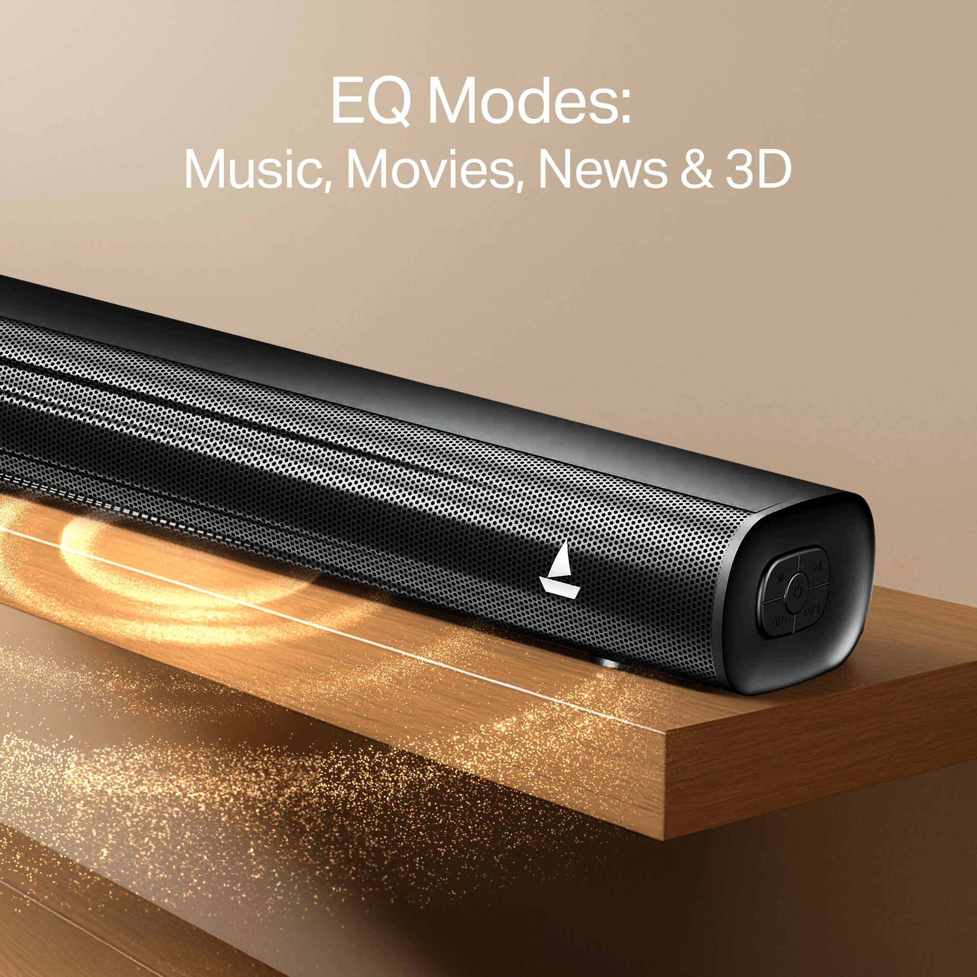 boAt Aavante Aura Plus soundbar showcasing EQ modes for Music, Movies, News & 3D on a stylish surface.