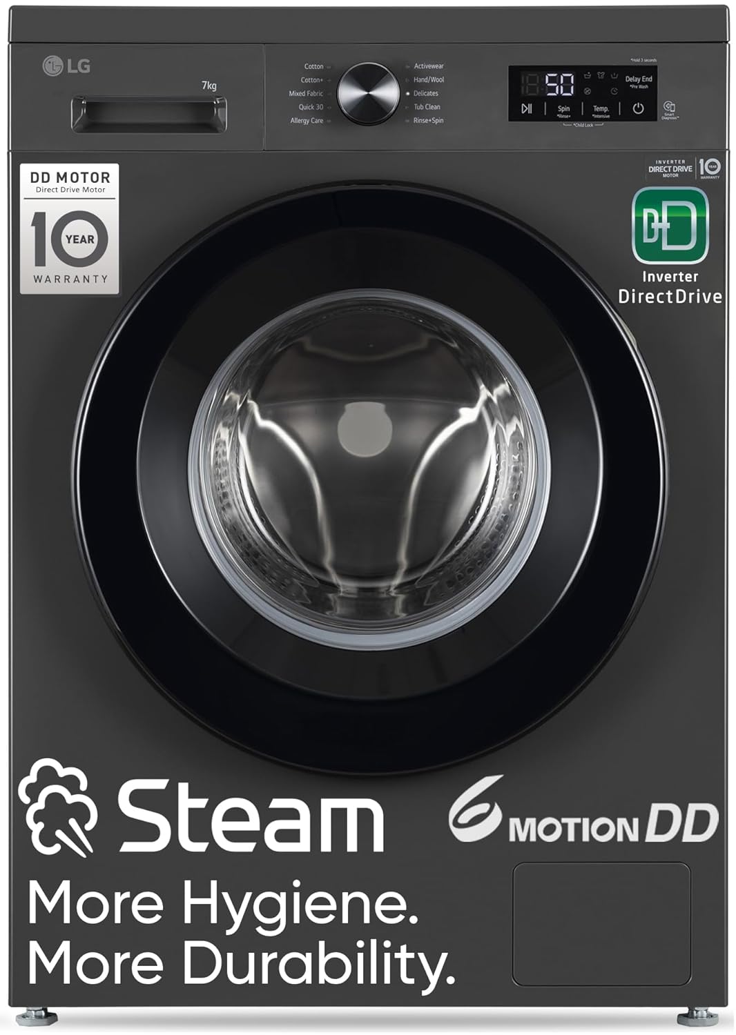 LG 7 Kg- 5 Star- Direct Drive Technology- Steam Wash- 6 Motion DD- Fully-Automatic Front Load Washing Machine (FHB1207Z2M- Allergy Care- In-Built Heater- Touch Panel- Middle Black)