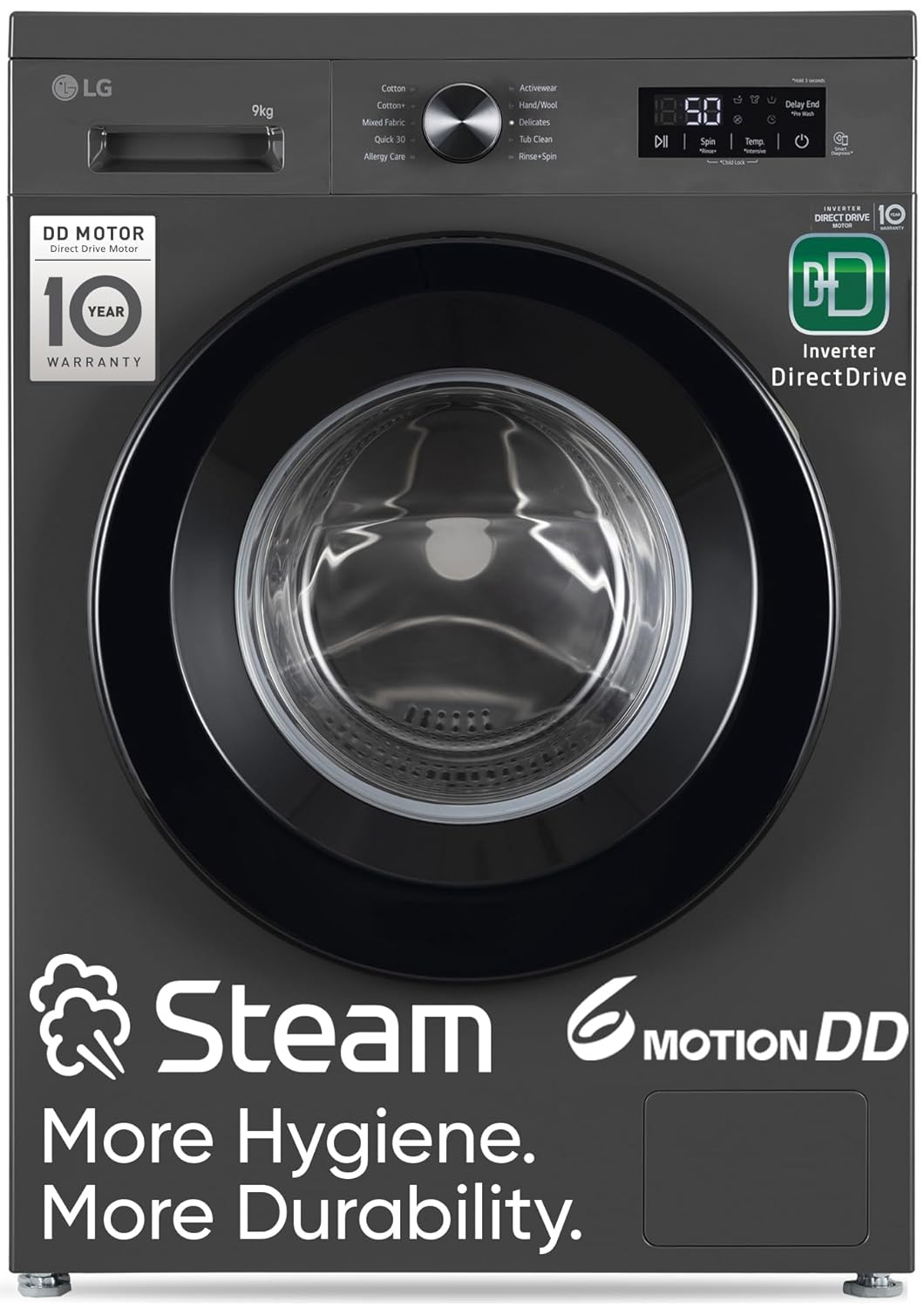 LG 9 Kg- 5 Star- Direct Drive Technology- Steam Wash- 6 Motion DD- Fully-Automatic Front Load Washing Machine (FHB1209Z2M- Allergy Care- In-Built Heater- Touch Panel- Middle Black)