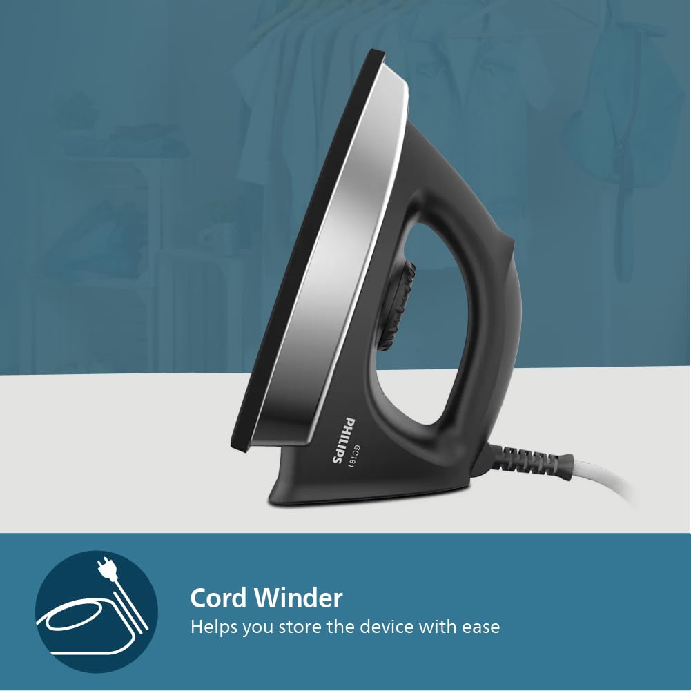 PHILIPS Stainless_Steel Heavyweight Dry Iron Gc181/8 1000 Watts Power- Black Non Stick Soleplate- Ergonomic Grip