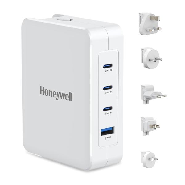 Honeywell Zest Charger GaN 100W-Ultra-Fast Wall Charger with PPS Support-2xType C PD 3.0 Ports & 2xUSB A Port-BIS Certified-Equipped with Switchable Plugs-Compatible with iPhone-Galaxy-Laptops