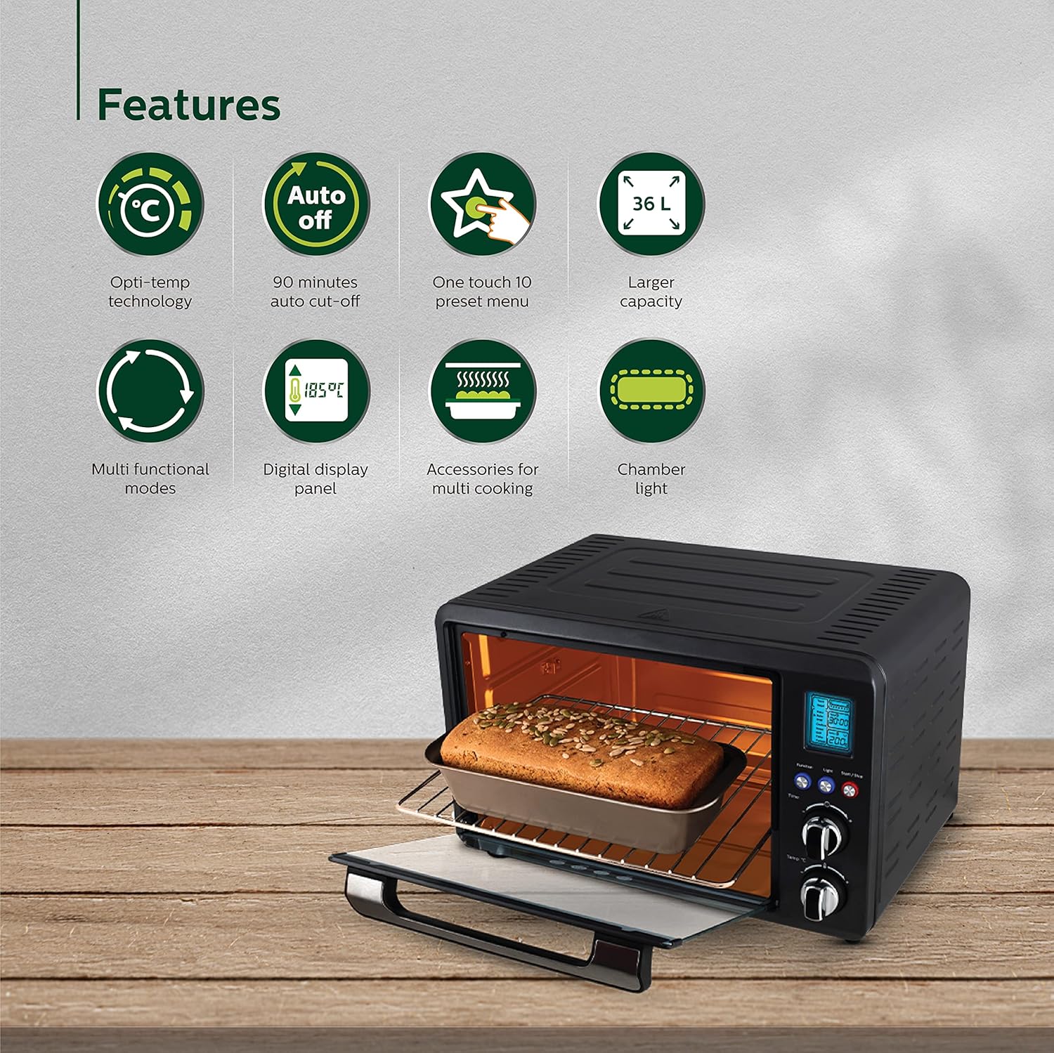 Philips HD6976/00 36 Litre Digital Oven Toaster Grill- 2000W- with Opti Temp Technology- Temperature control- Convection Mode- Chamber light and 10 preset menus- Inner Lamp- 7 level browning function