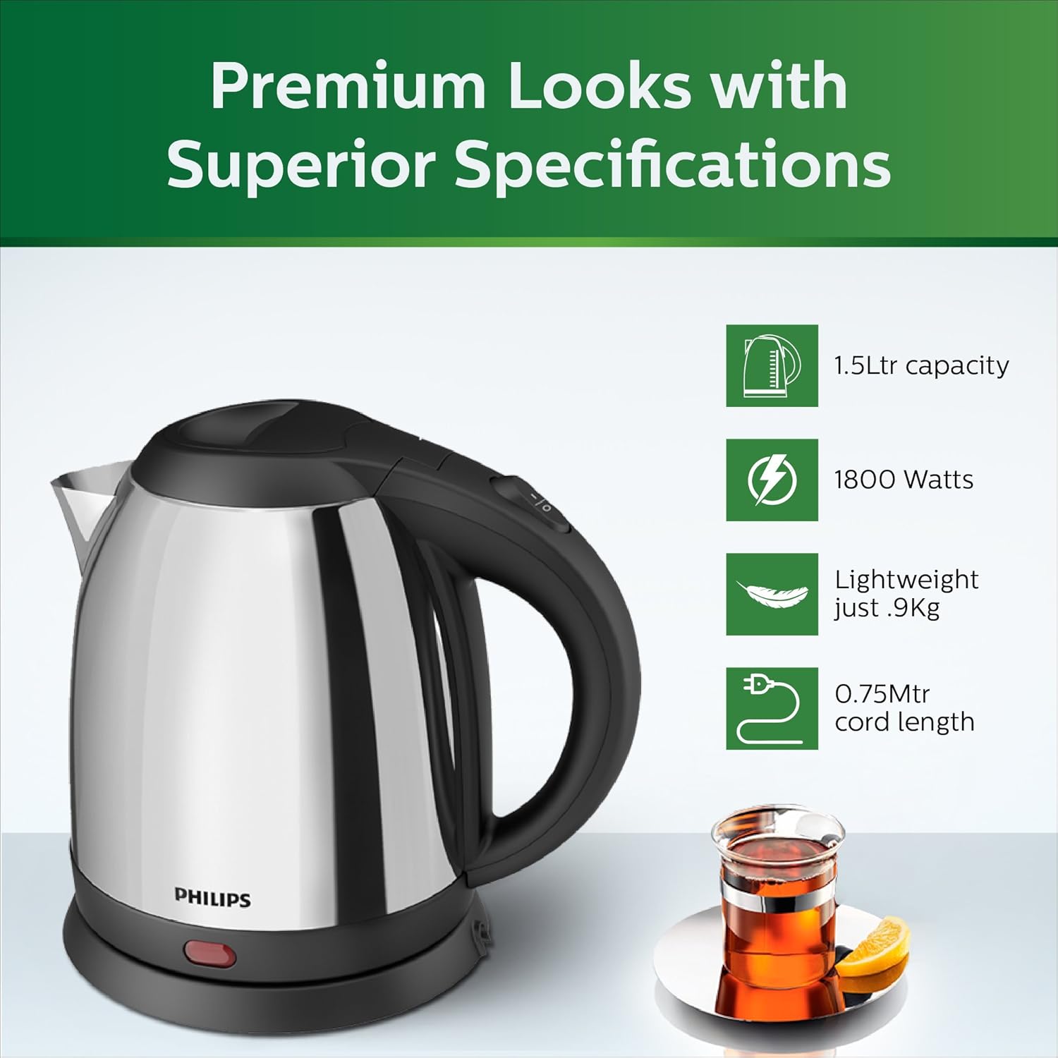 Philips HD9306/06 1.5 Litre Electric Kettle – Fast Boiling- Stainless Steel Body- Auto Shut Off- Cool Touch Handle- and Multicolor Design