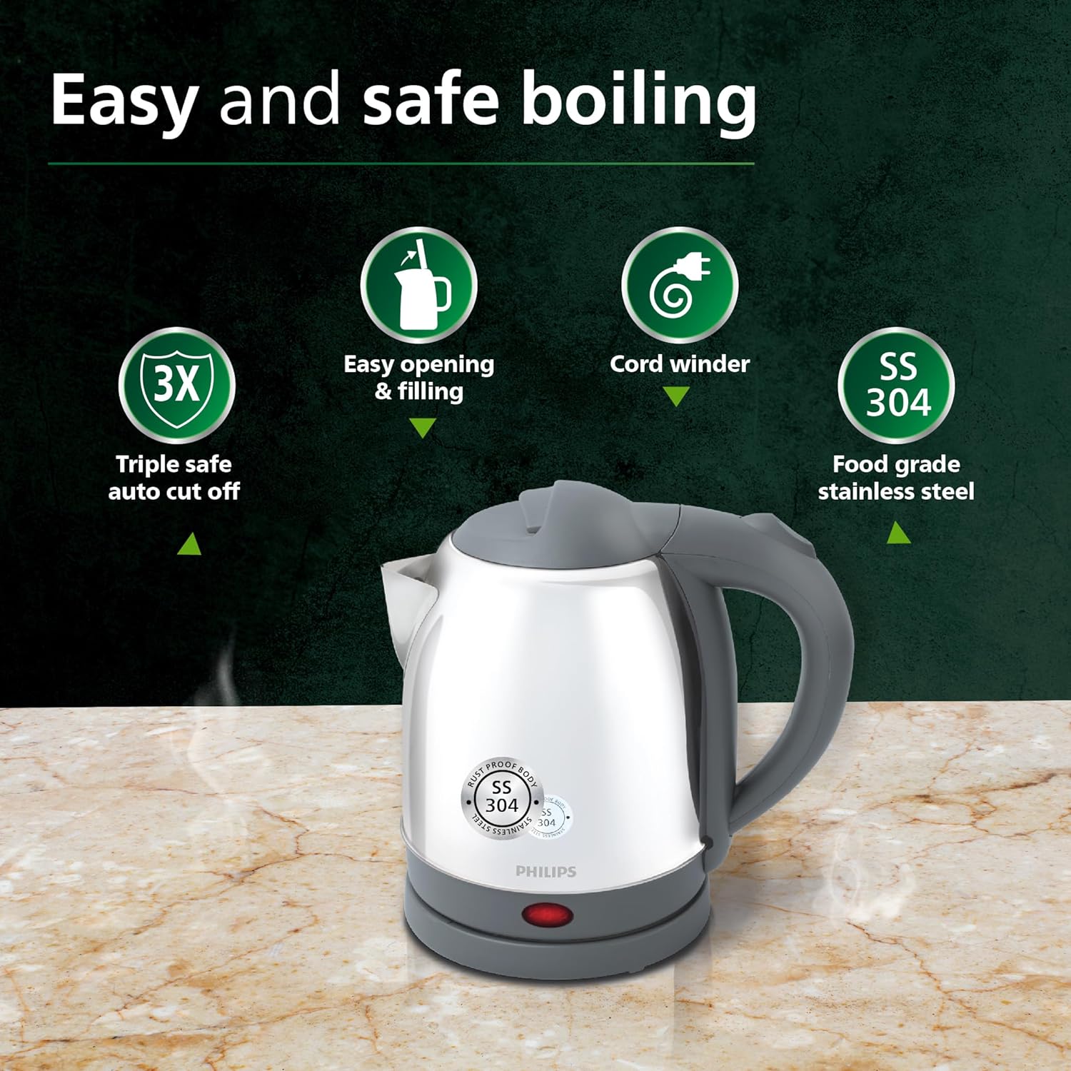 Philips HD9363/02 1.2 L Kettle with rust free SS304 25% Thicker Stainless Steel body for longer life |Triple safe auto cut off | 1300W