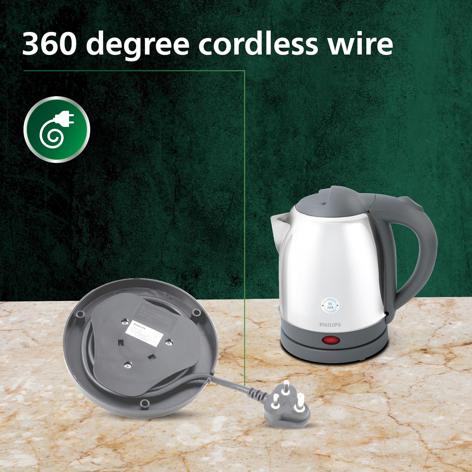 Philips HD9363/02 1.2 L Kettle with rust free SS304 25% Thicker Stainless Steel body for longer life |Triple safe auto cut off | 1300W