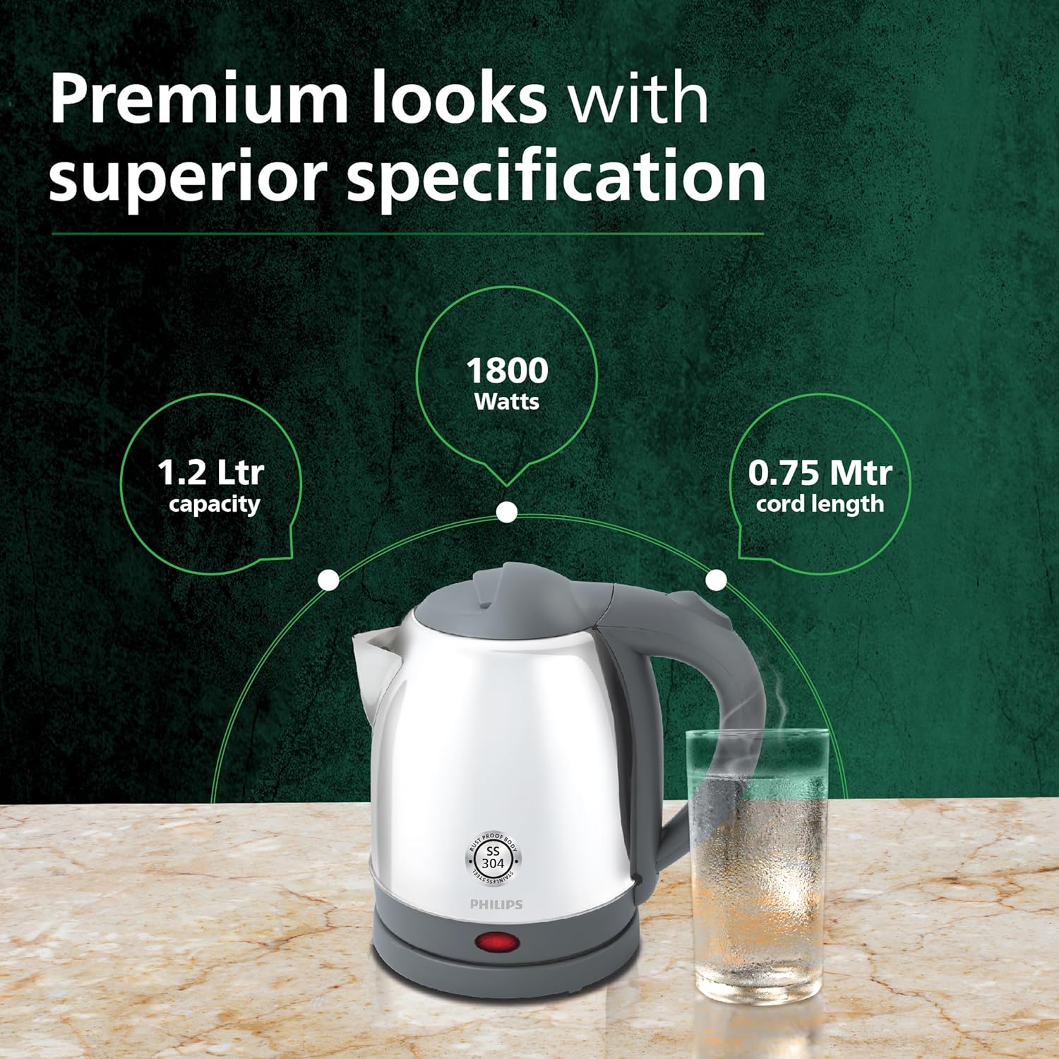 Philips HD9363/02 1.2 L Kettle with rust free SS304 25% Thicker Stainless Steel body for longer life |Triple safe auto cut off | 1300W
