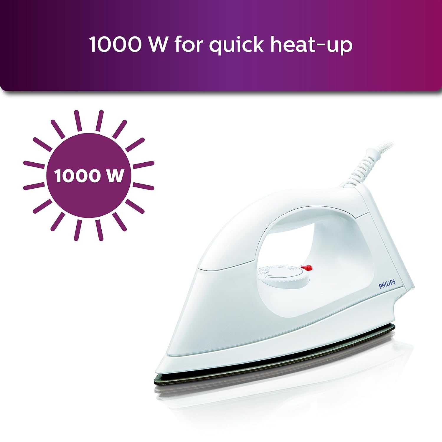 Philips HI114 Dry Iron – 1000W Powerful Heating- Non Stick Soleplate- Lightweight Design- and Ergonomic Handle