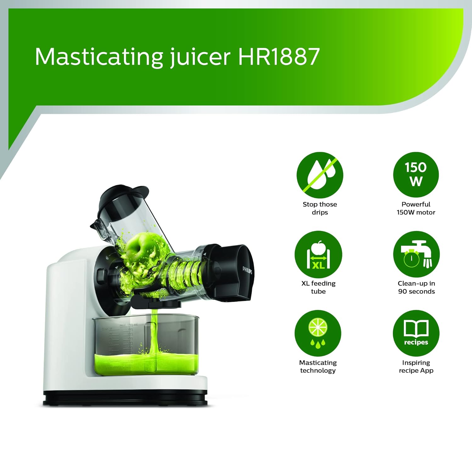 Philips Viva Collection Masticating juicer HR1887/81 XL Tube- 70 mm Quick Clean