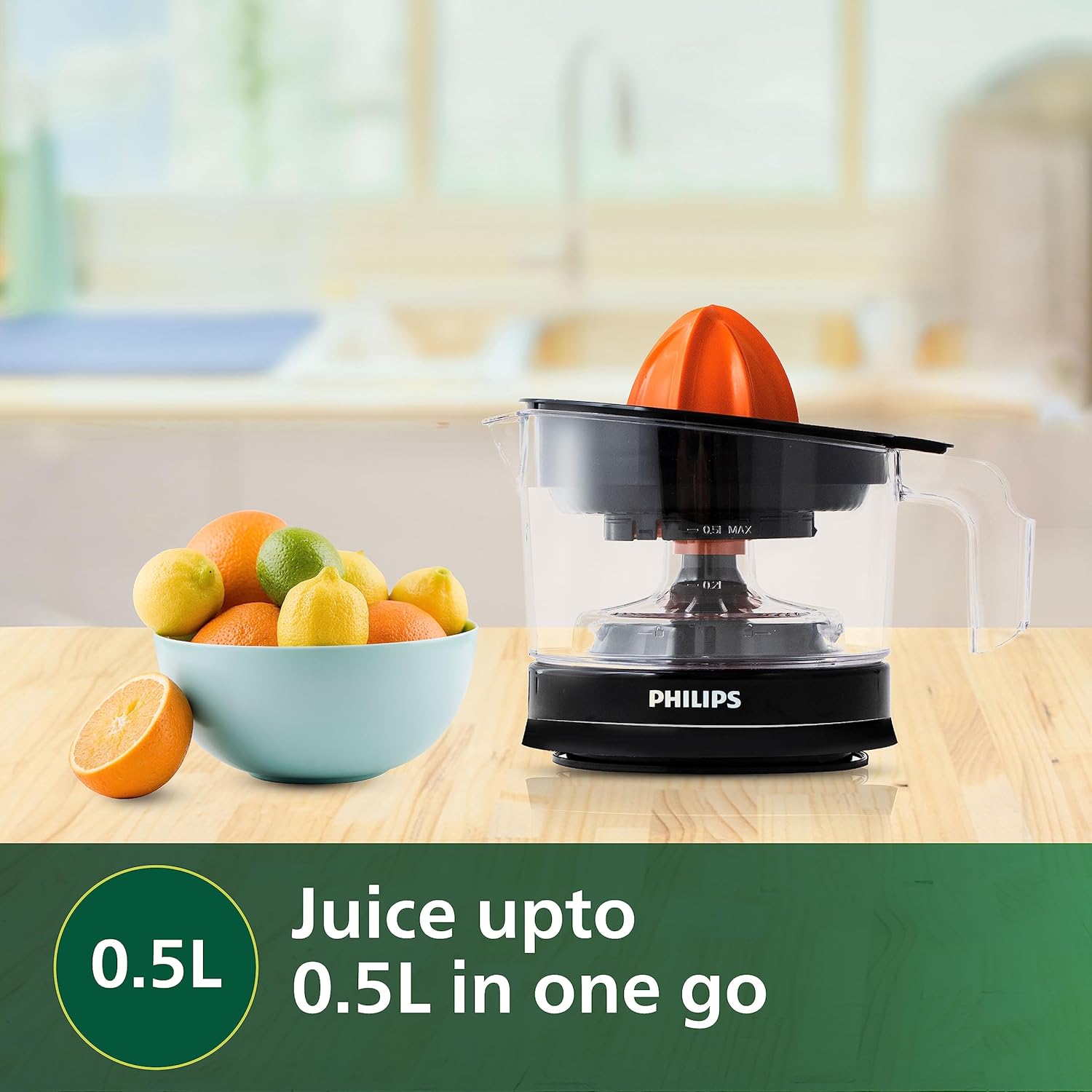Philips Citrus Press Juicer HR2777/00- 0.5 Litre- 2 Sized Cones for different size fruit